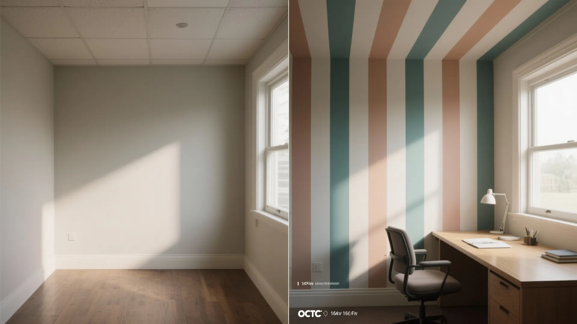 Before and after comparison showing a plain white room transformed into a colorful striped office
