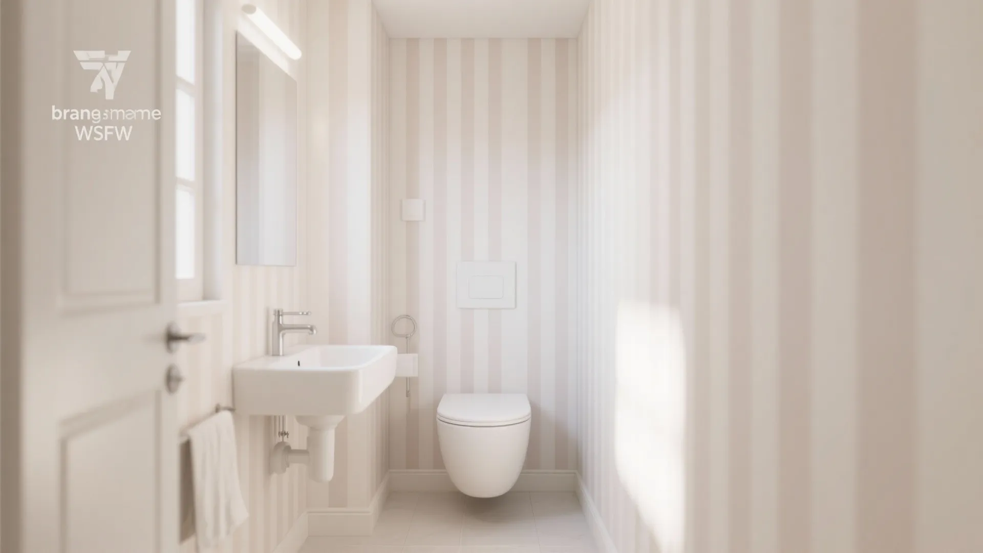 Small bright bathroom featuring vertical striped wallpaper white sink modern toilet and soft natural light