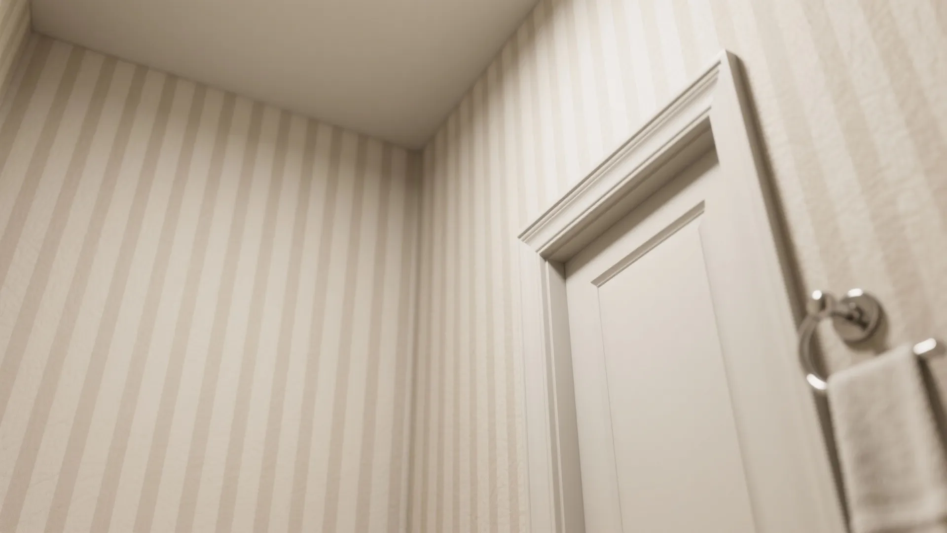 Vertical stripes wallpaper on wall next to white door and silver metal towel ring holder