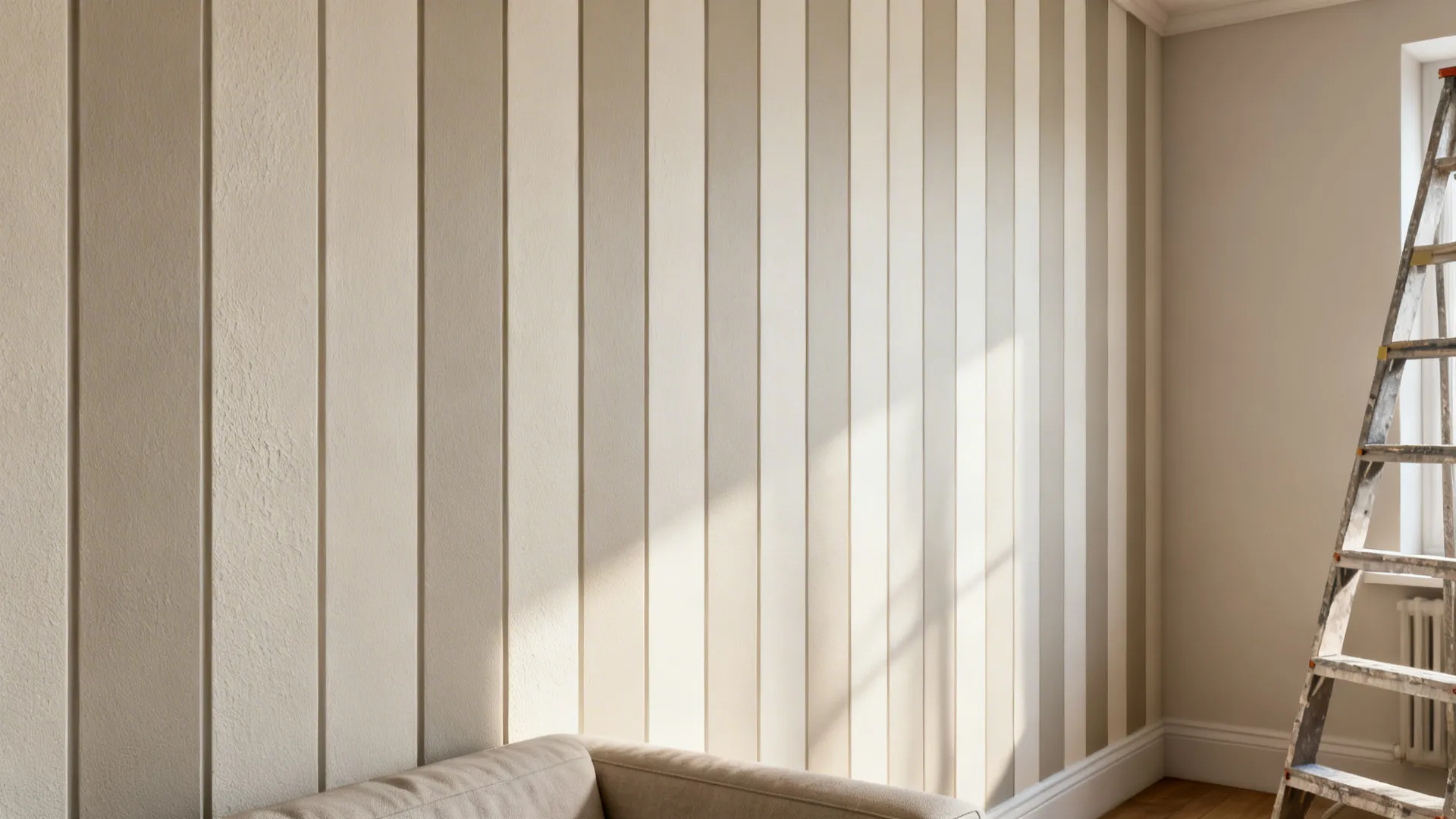 Close up of beige vertical stripes on a wall with a ladder and a sofa