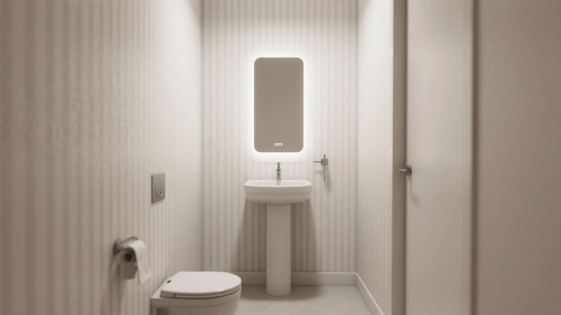 Modern small bathroom with striped wallpaper white sink toilet and a glowing mirror with light