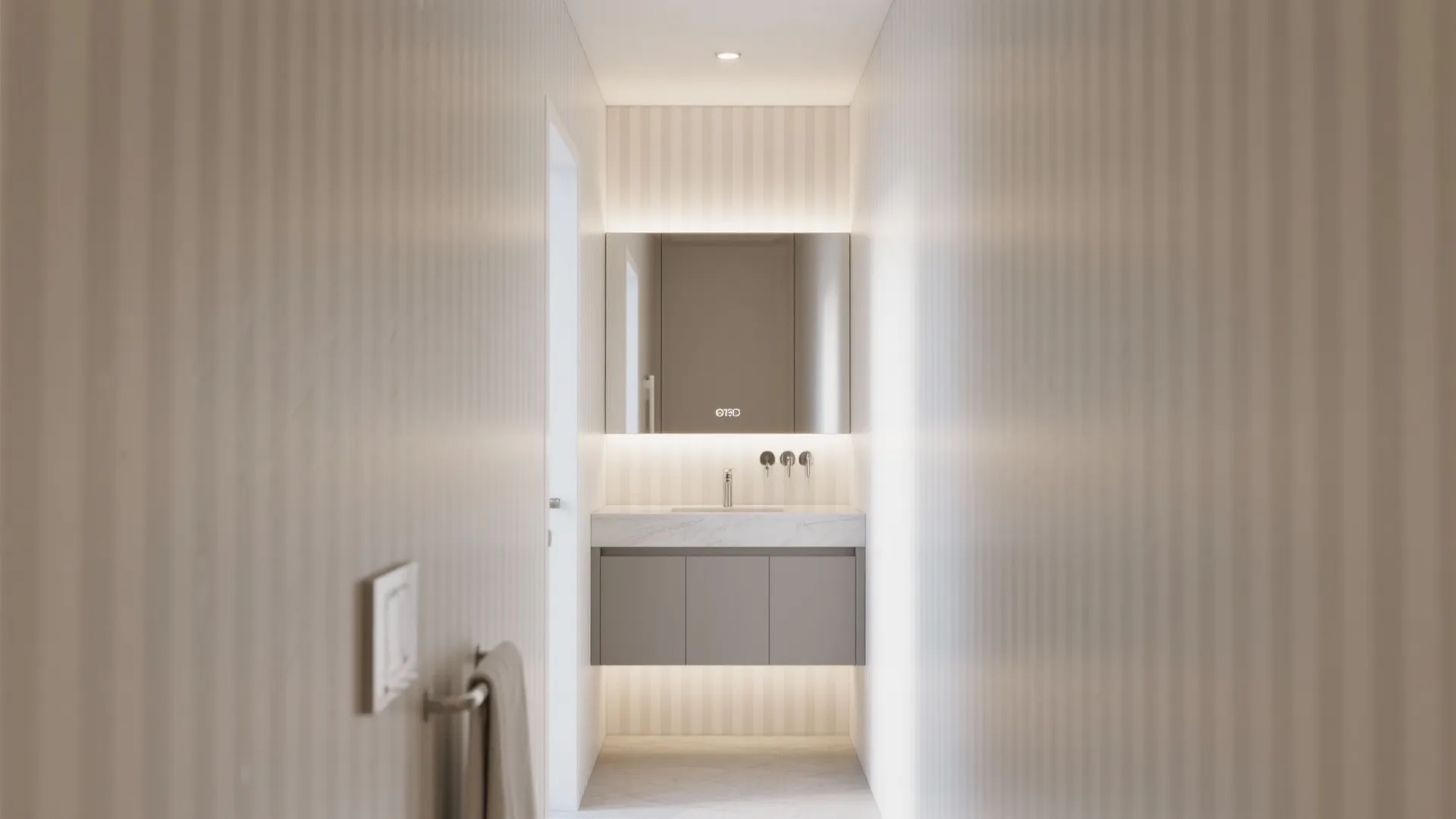 Modern bathroom vanity featuring grey cabinet, marble sink, large mirror, and beige vertical striped wallpaper
