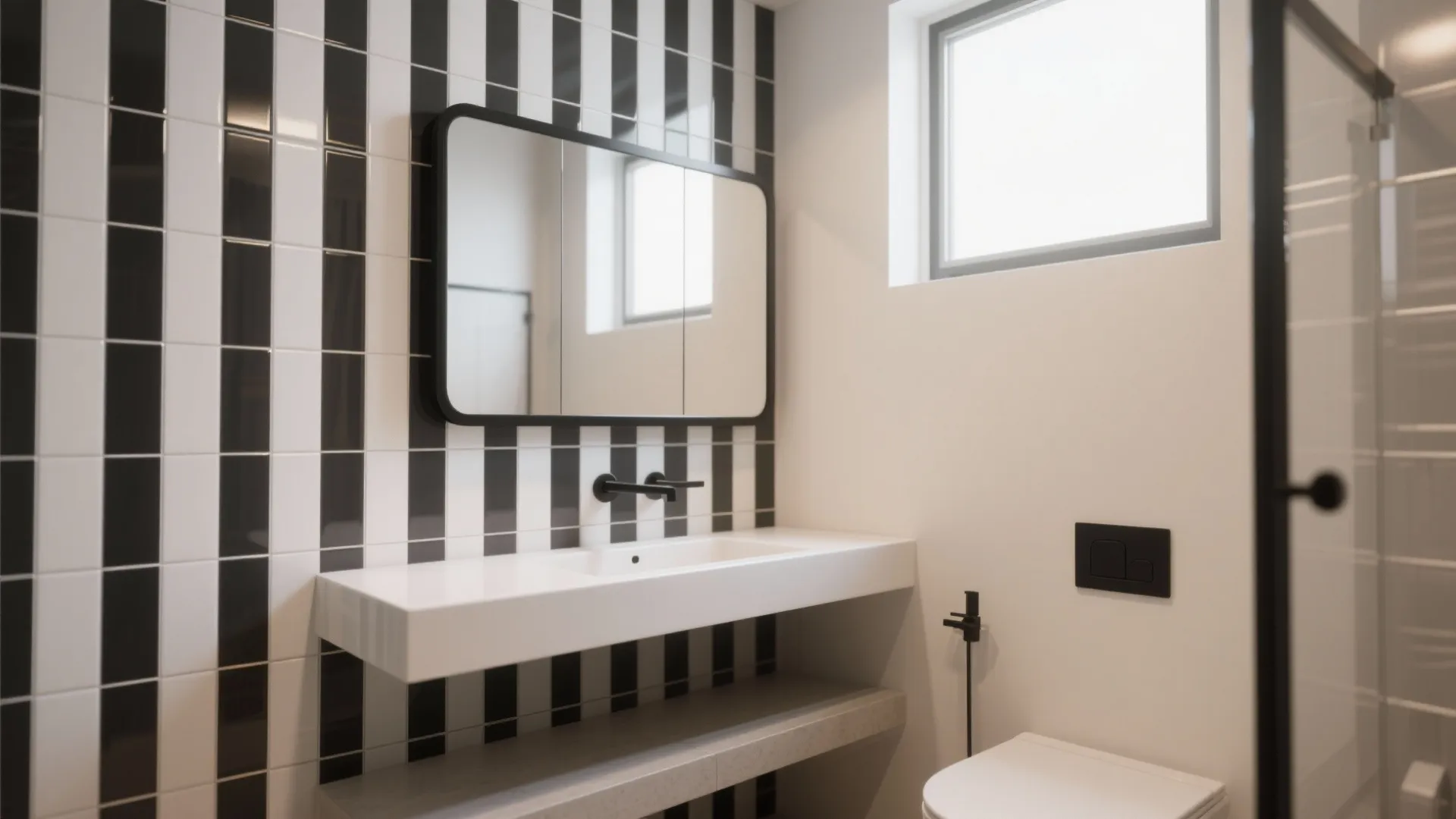 Small bathroom with vertical black-and-white mosaic stripes behind a floating vanity to create a height illusion.