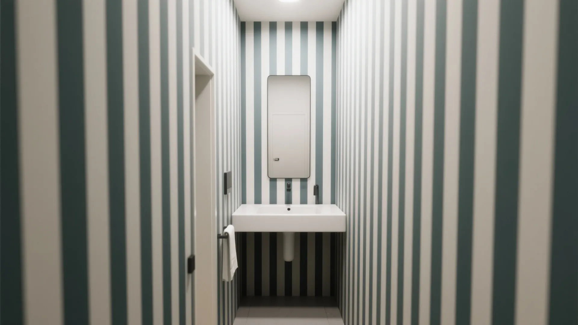 Modern bathroom with blue and white striped wallpaper featuring a white sink and tall mirror
