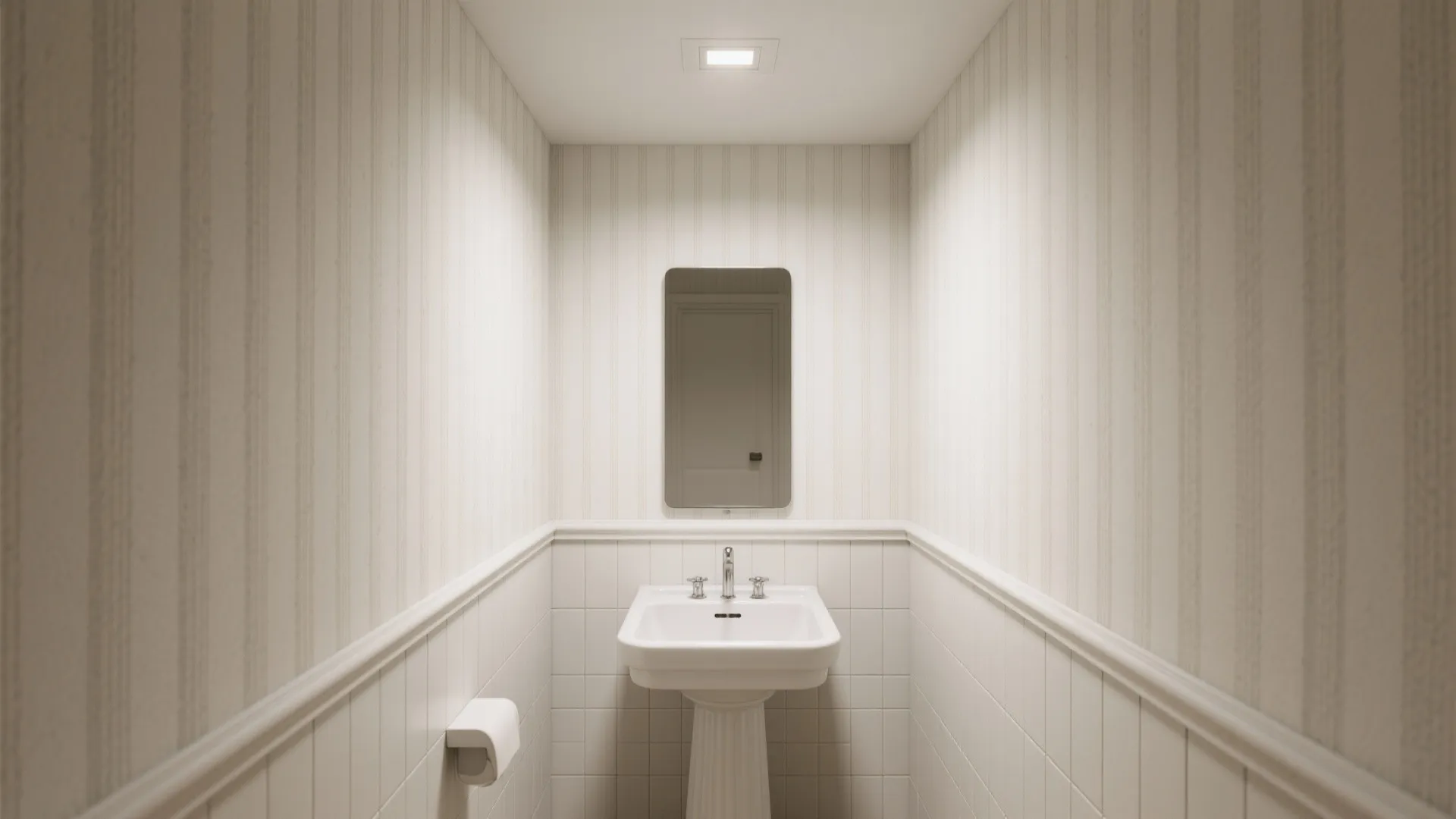 Narrow bathroom with thin vertical striped wallpaper creating a lifted ceiling effect.