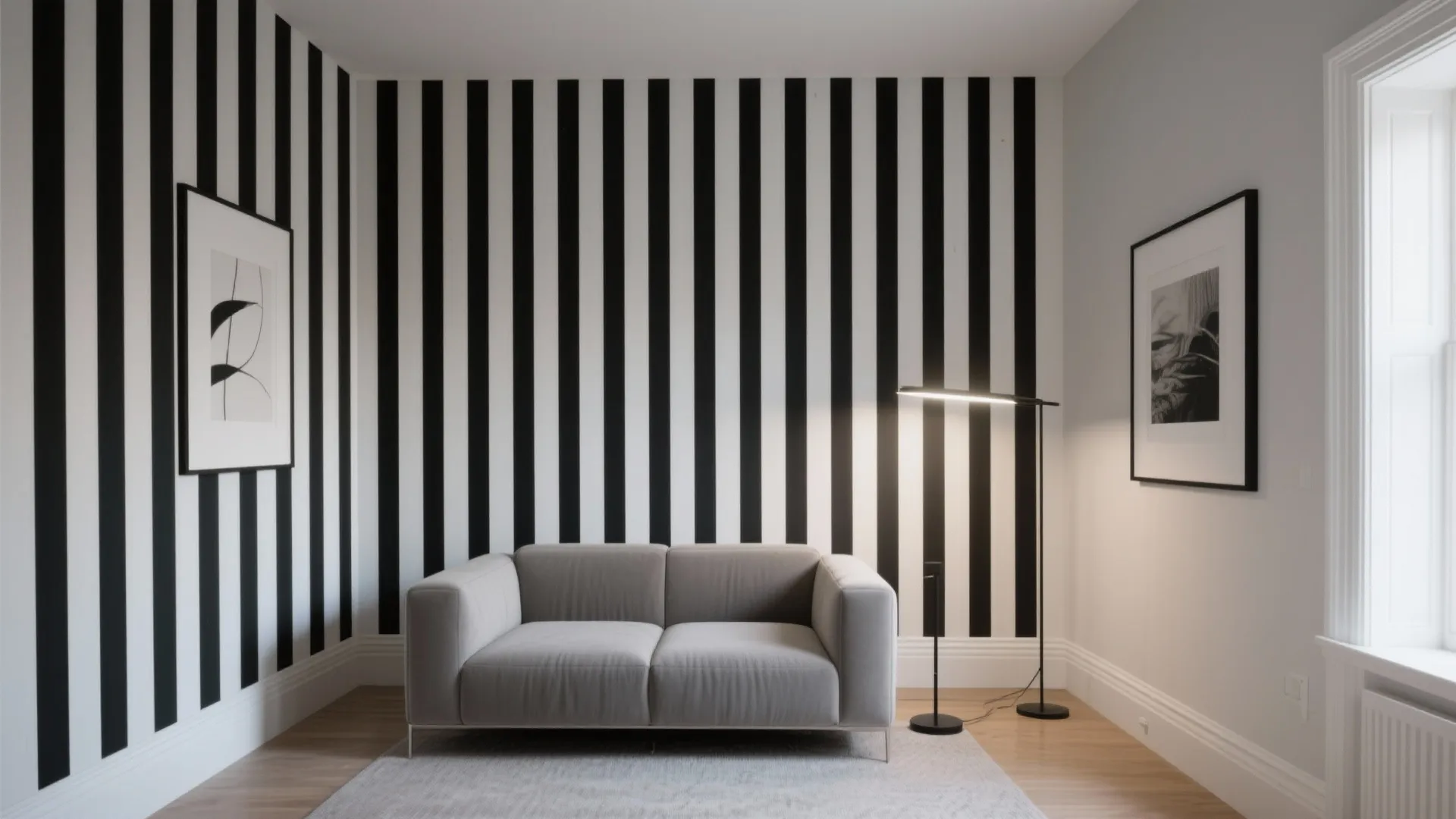 Modern living room with black and white striped wallpaper grey sofa and floor light fixture