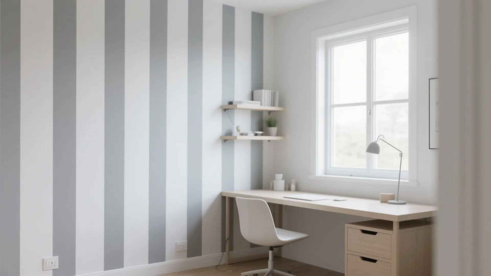 Home office with grey vertical striped wallpaper a wooden desk white chair and natural light