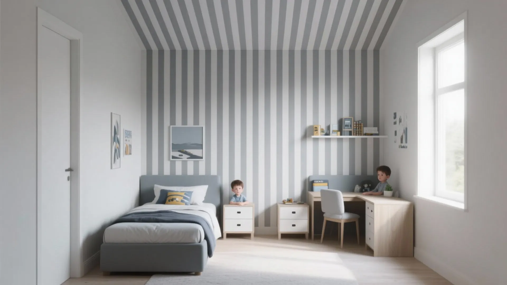 Modern kids bedroom featuring grey and white vertical stripes on the wall and high ceiling