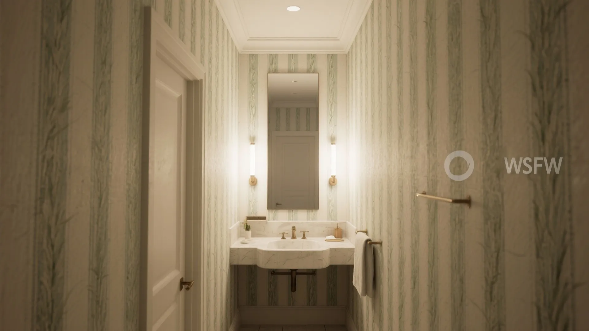 Narrow bathroom with vertical striped wallpaper marble sink mirror wall lights and white door interior design