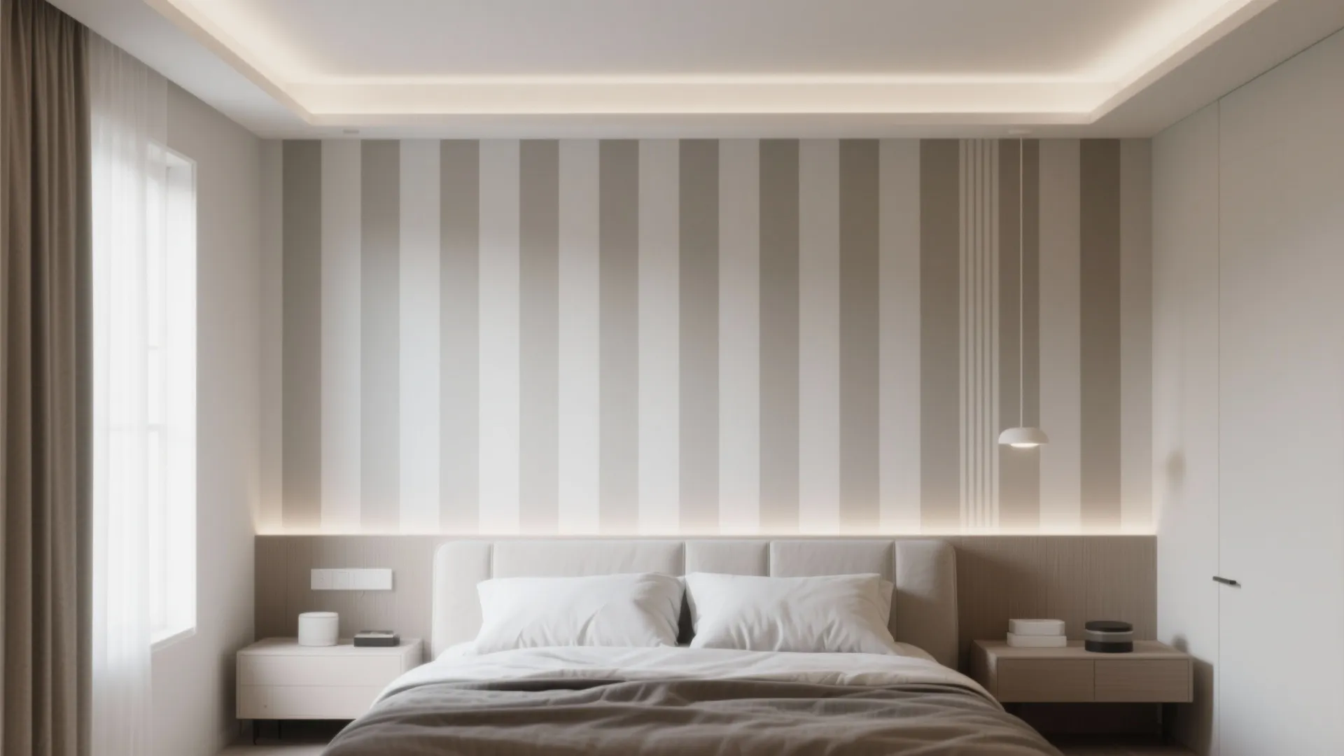 Modern bedroom with vertical striped wallpaper behind bed and soft warm ceiling light fixture illumination