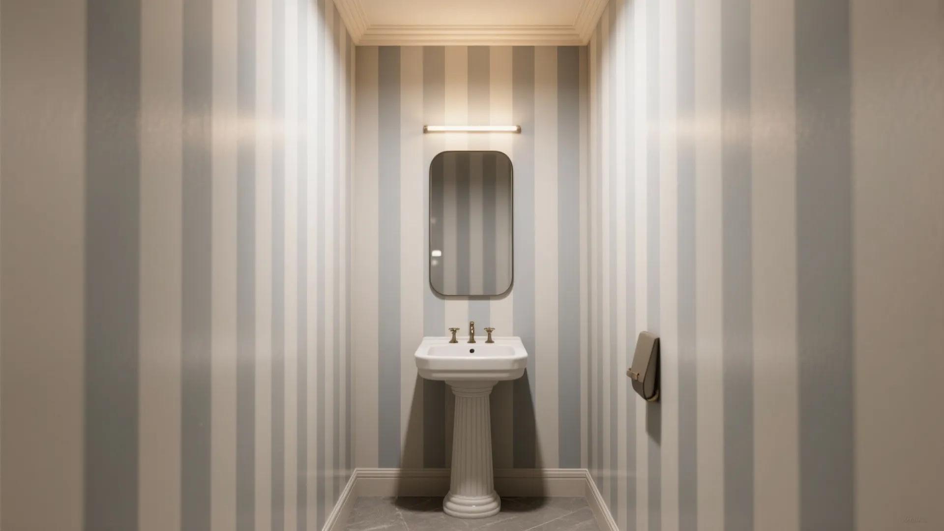 Small bathroom with vertical striped blue and white wall panel mirror and white pedestal sink