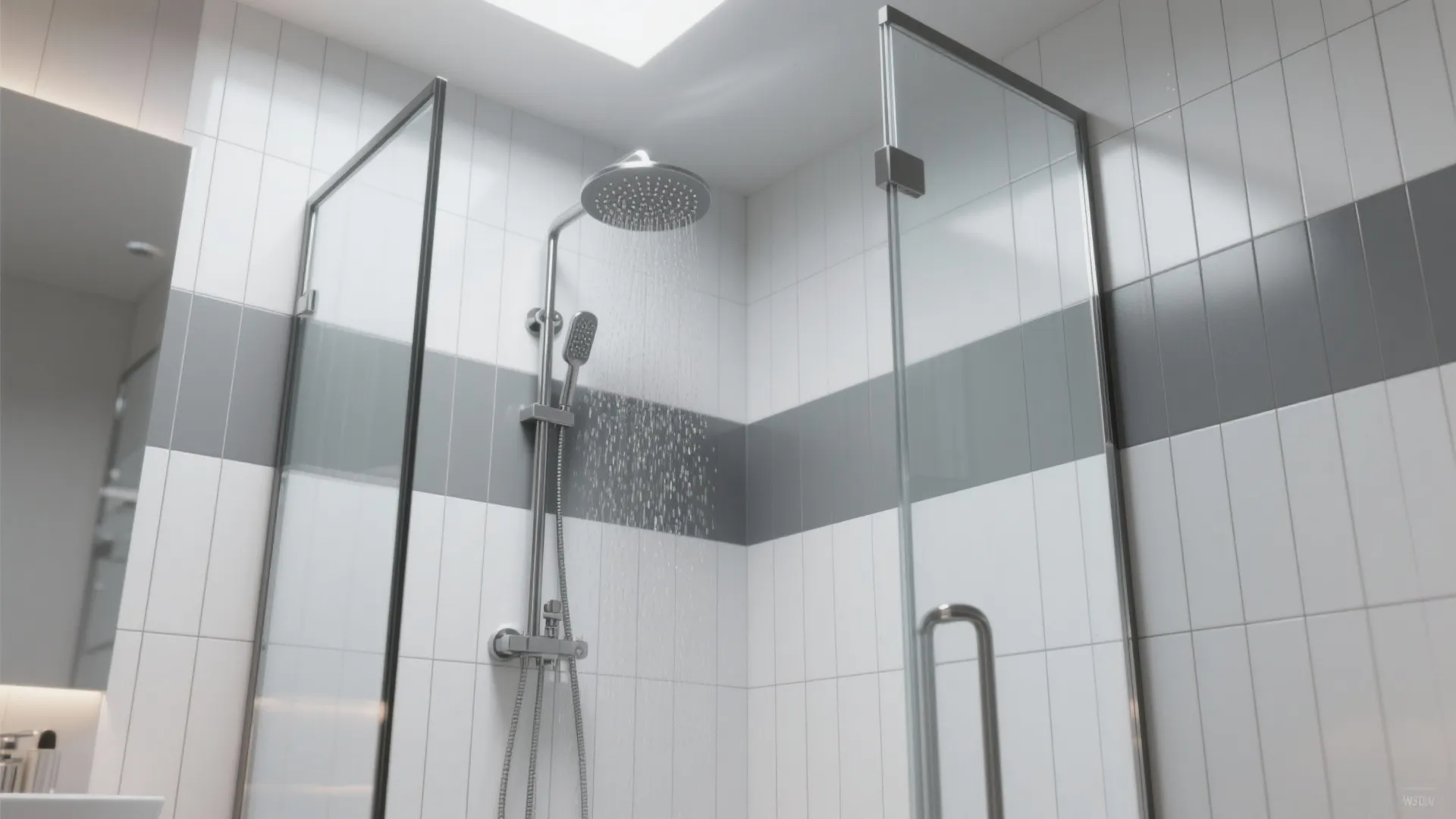 Shower with alternating vertical grey and white tiles, frameless glass and rain shower head.