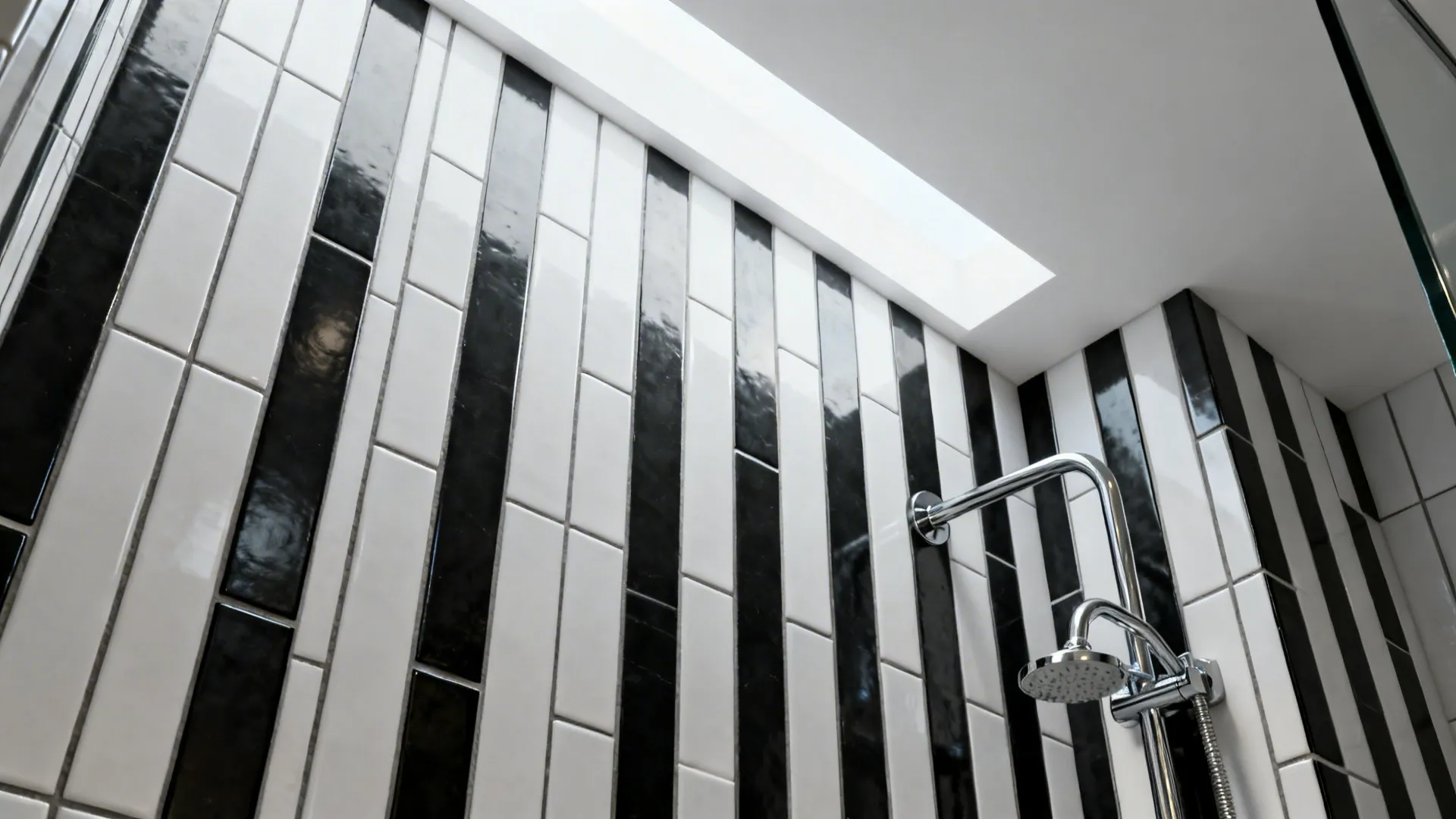 Shower wall with alternating vertical black-and-white tiles creating a taller look.