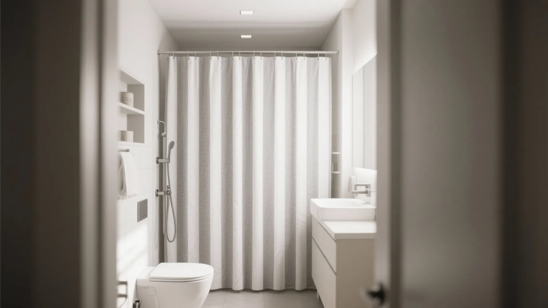 Modern white bathroom with vertical striped shower curtain, white toilet, sink cabinet, mirror, and light