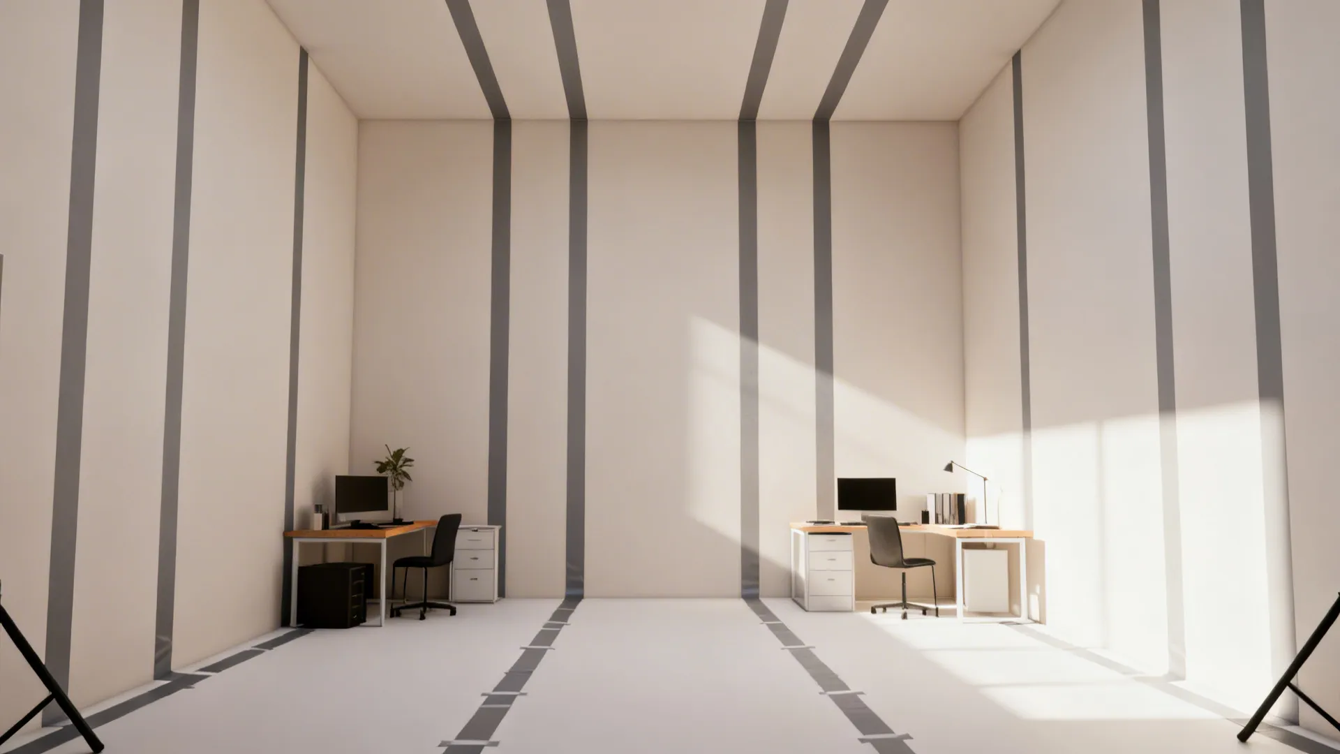 Studio with narrow graphite vertical stripes that visually raise the ceiling height.