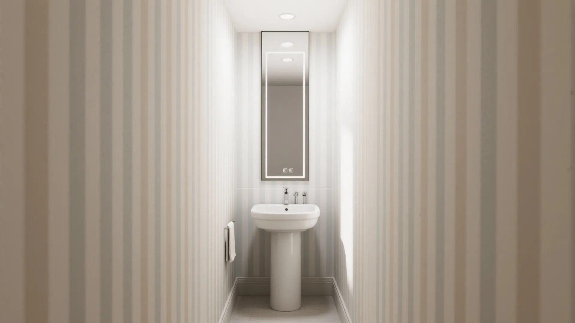 Narrow bathroom design with vertical striped wallpaper a white pedestal sink and a tall mirror