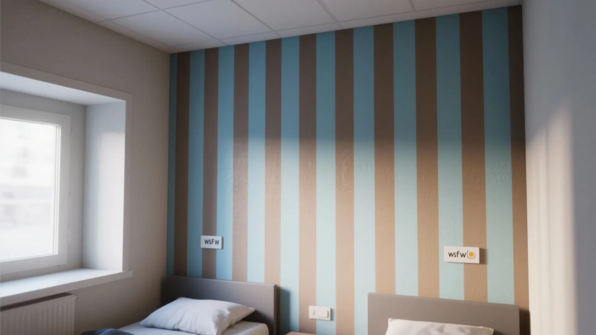 Bedroom interior featuring a blue and brown striped accent wall next to a bright window