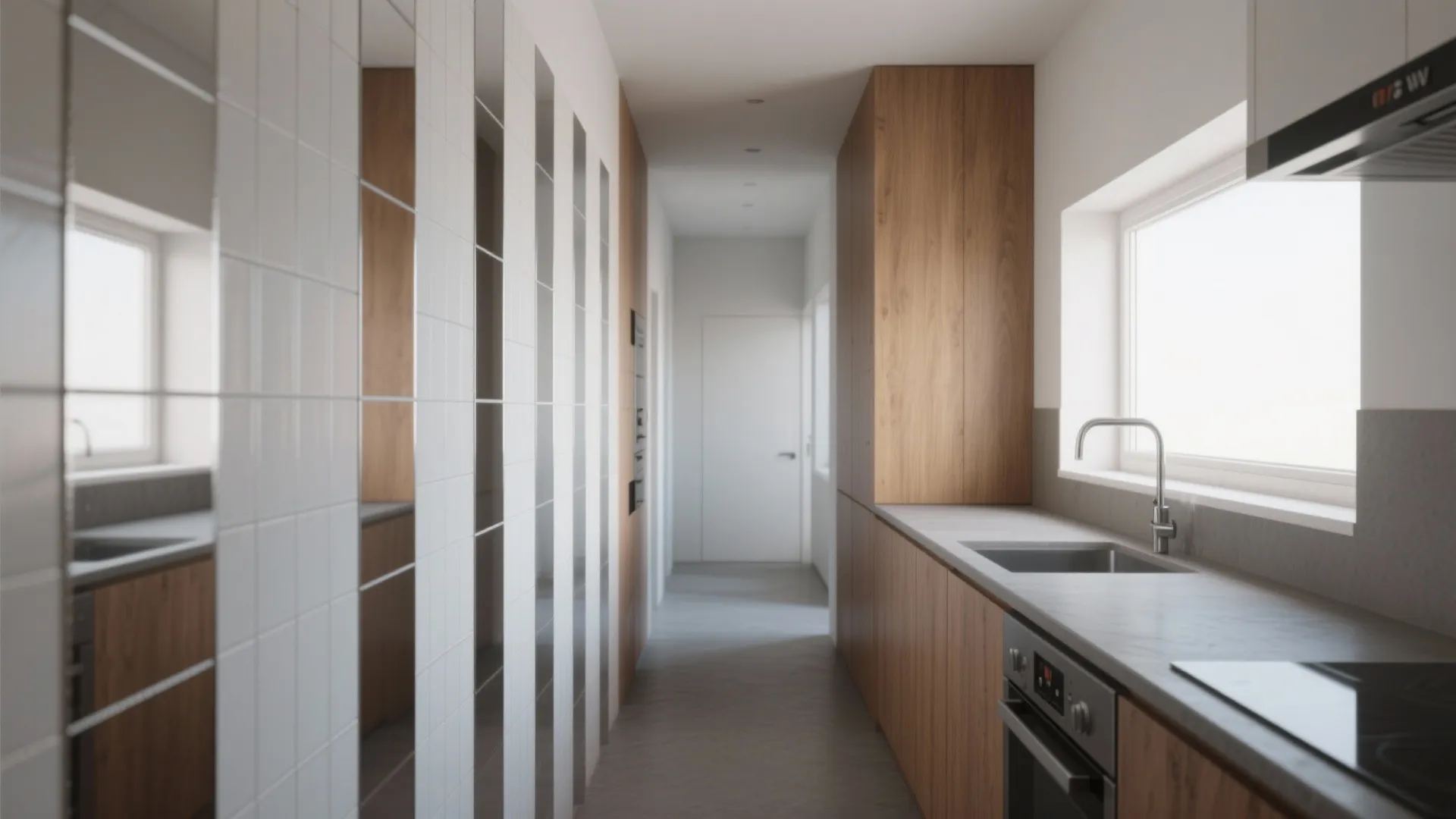 5. Vertical strip mirrors for narrow galley kitchens