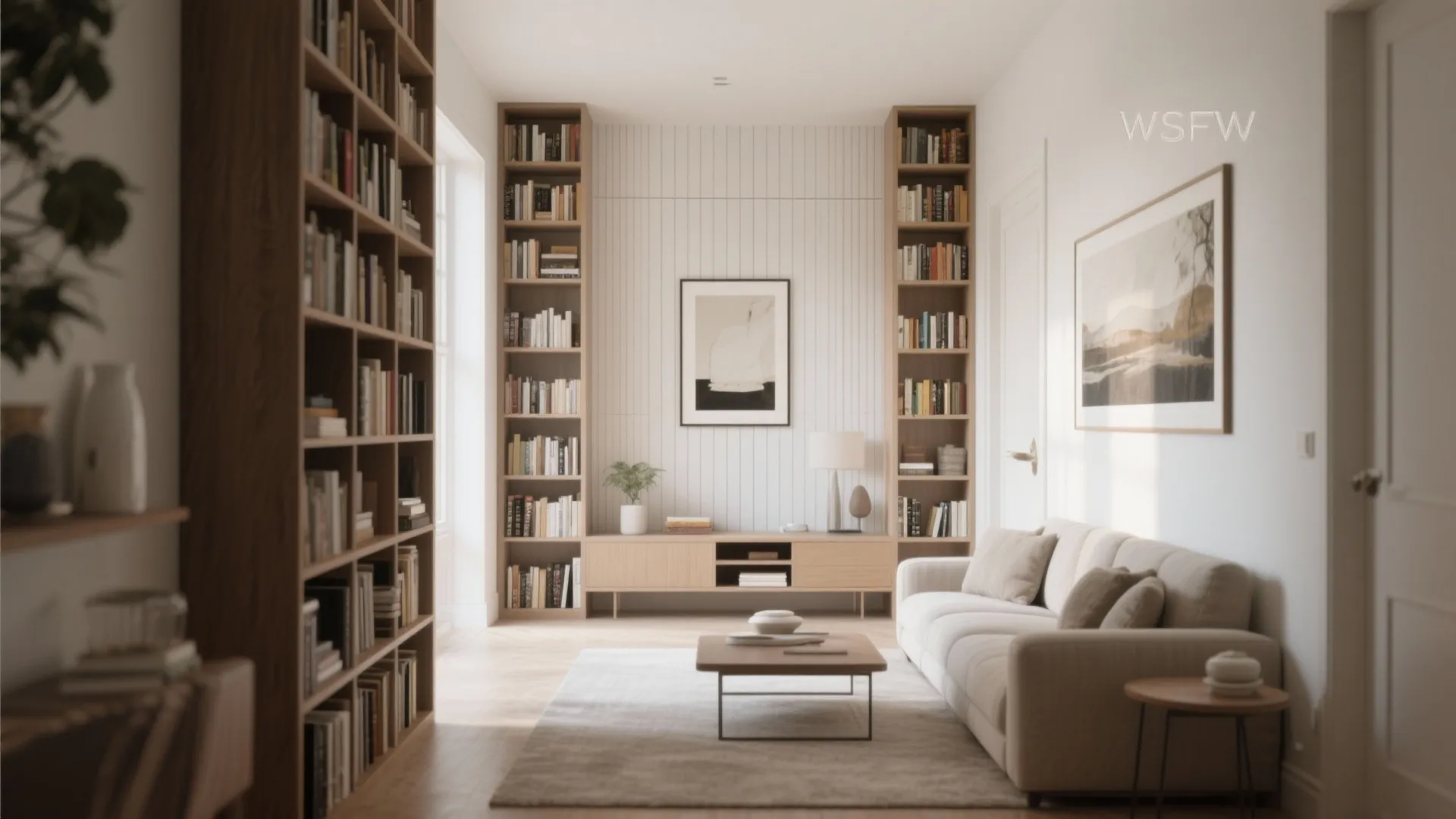 Modern living room with tall wooden bookshelves beige sofa coffee table and white wall panels