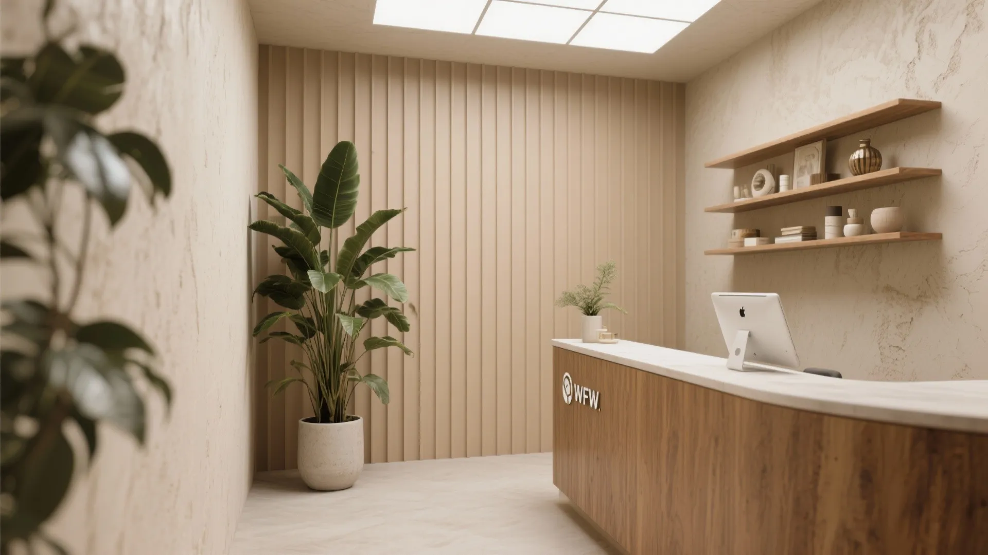 Office reception desk with wooden front wall panel shelves computer monitor and a large green plant