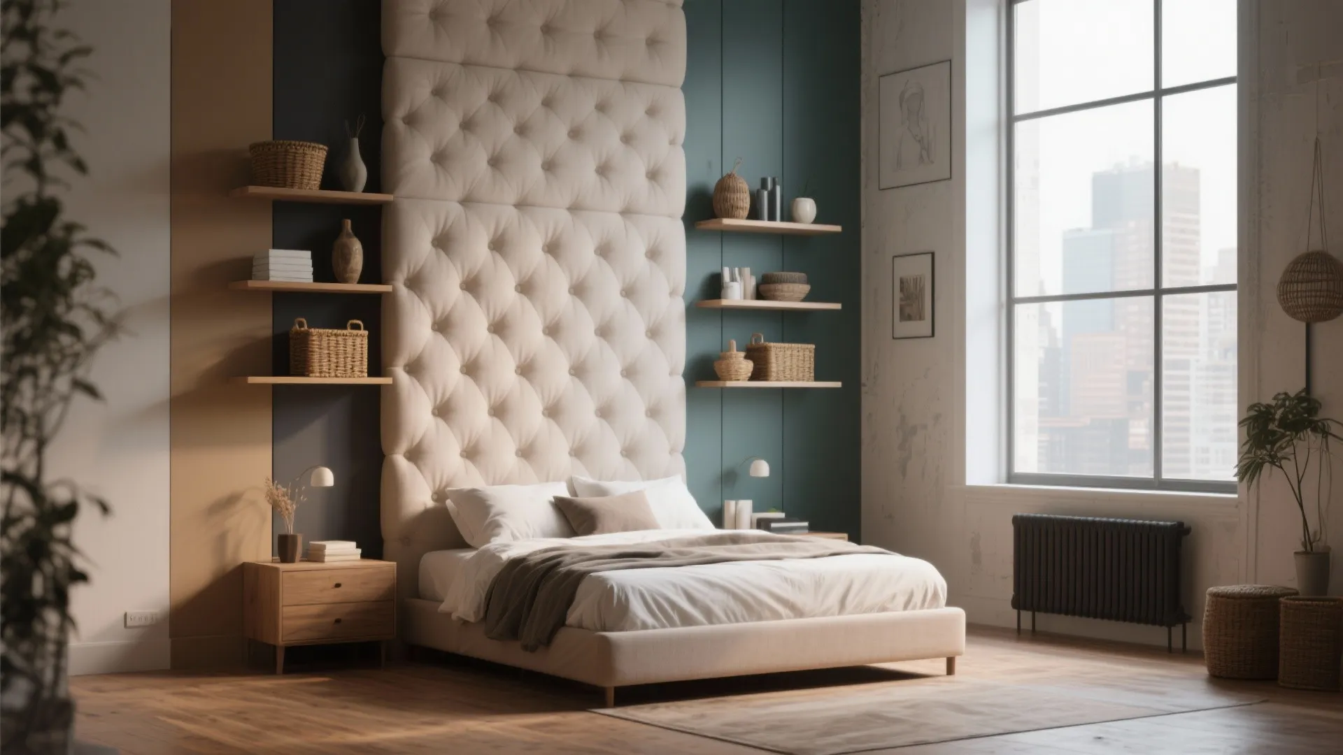 Tall headboard and stacked floating shelves maximize vertical space in a small bedroom