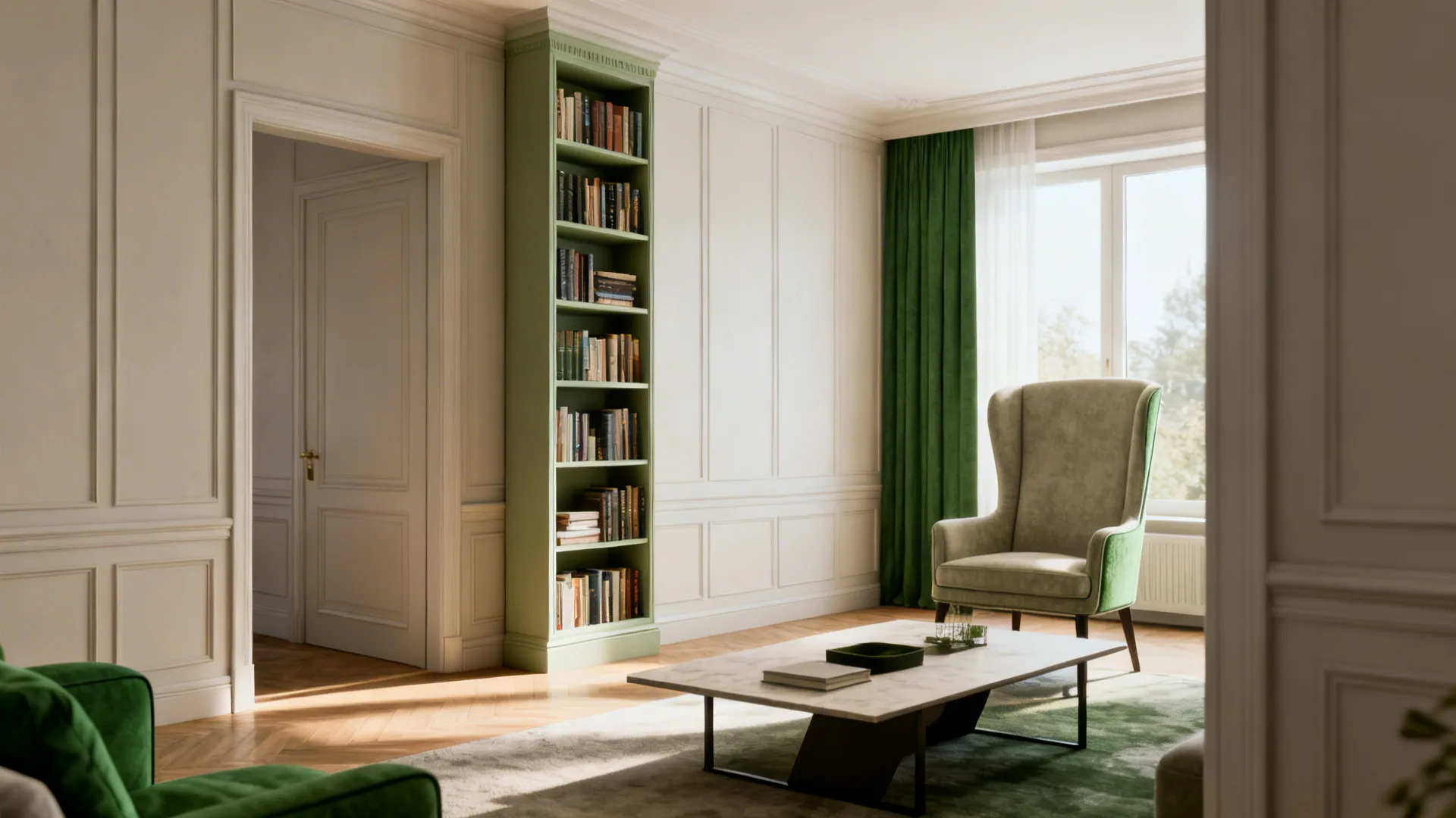Tall bookcase and high-backed chair lifting the perceived ceiling height in a small living room.