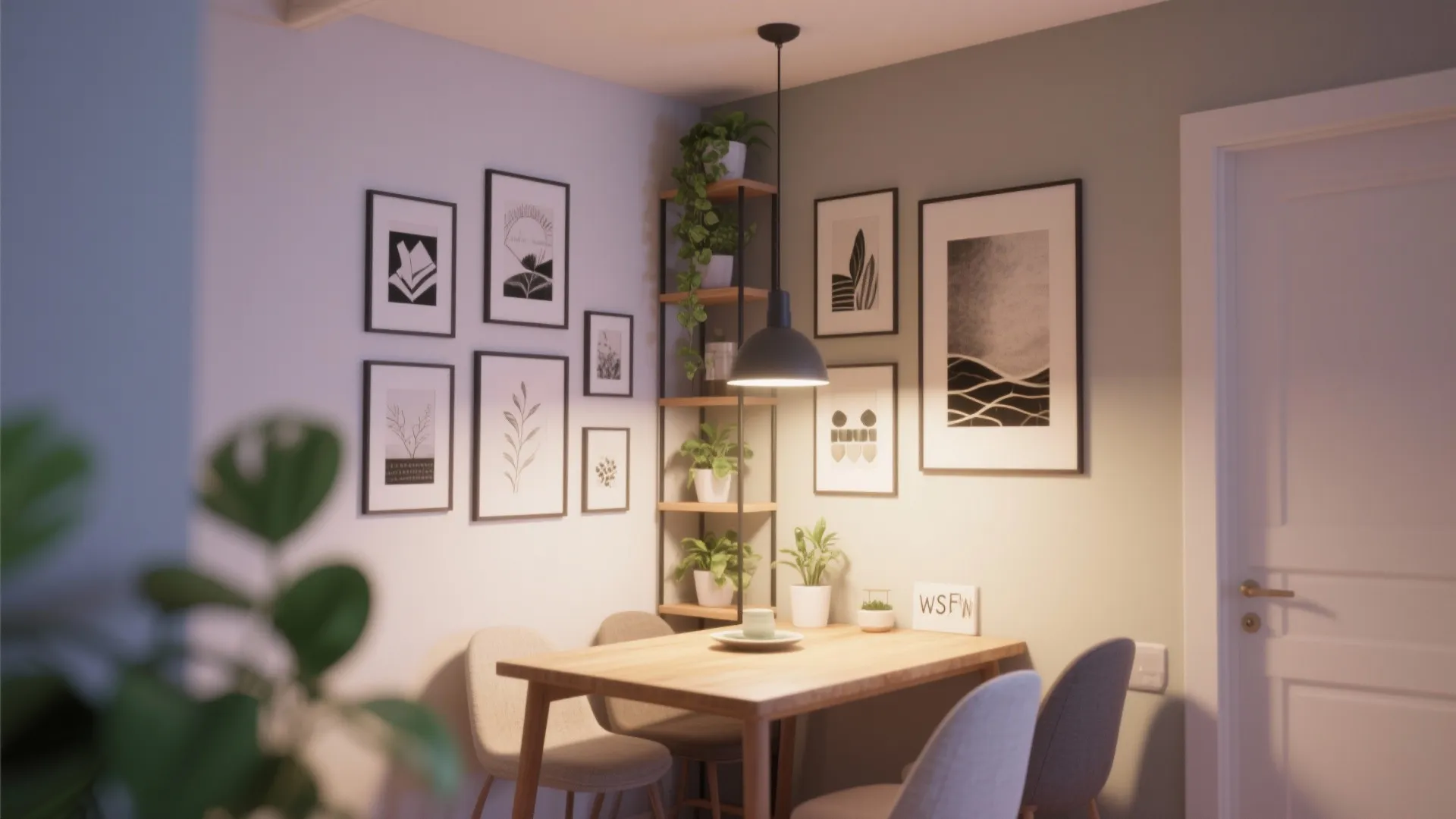 Dining corner with vertical shelving and hanging plants