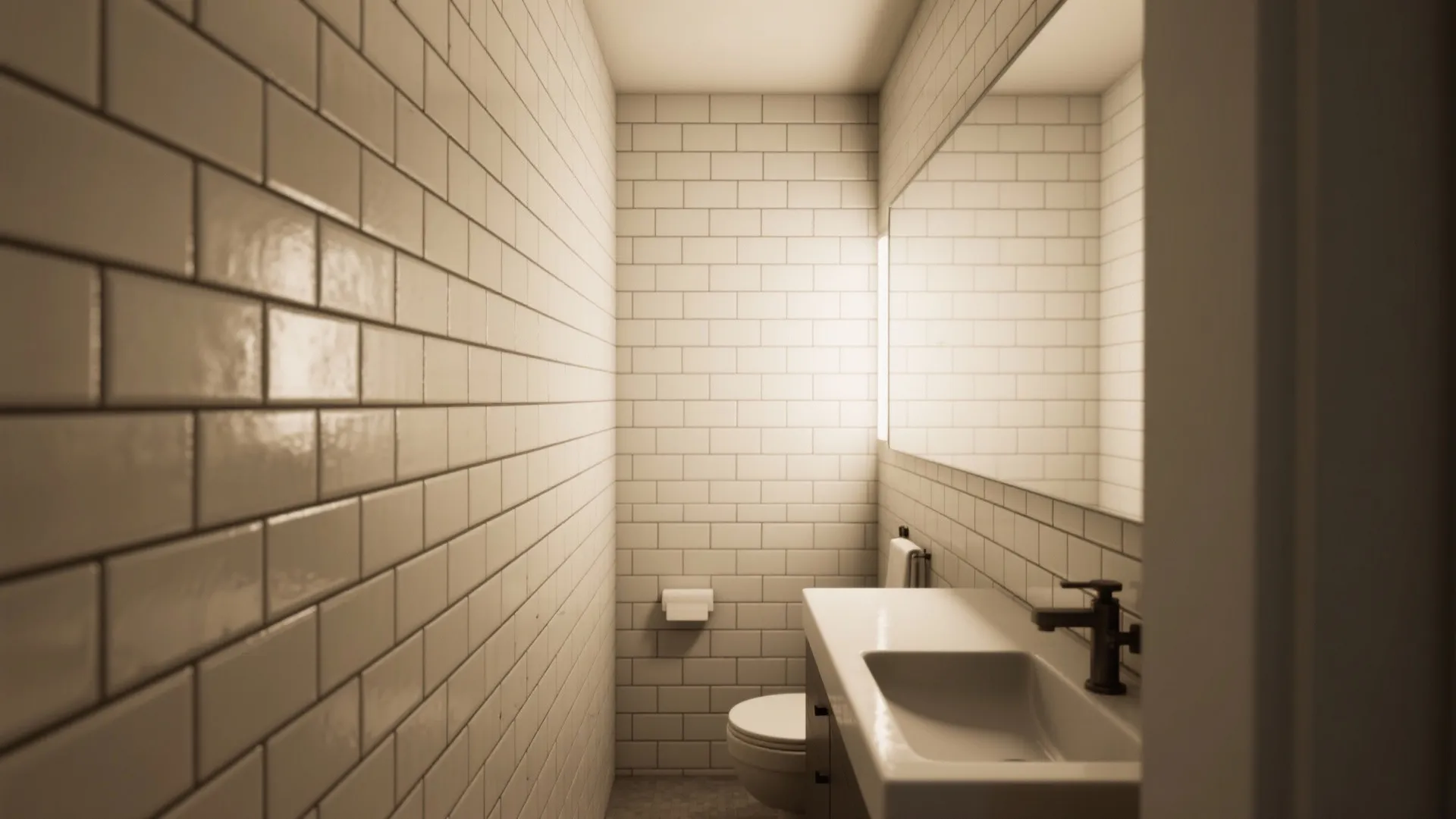 Small modern bathroom featuring white vertical wall tiles a white sink and a large mirror