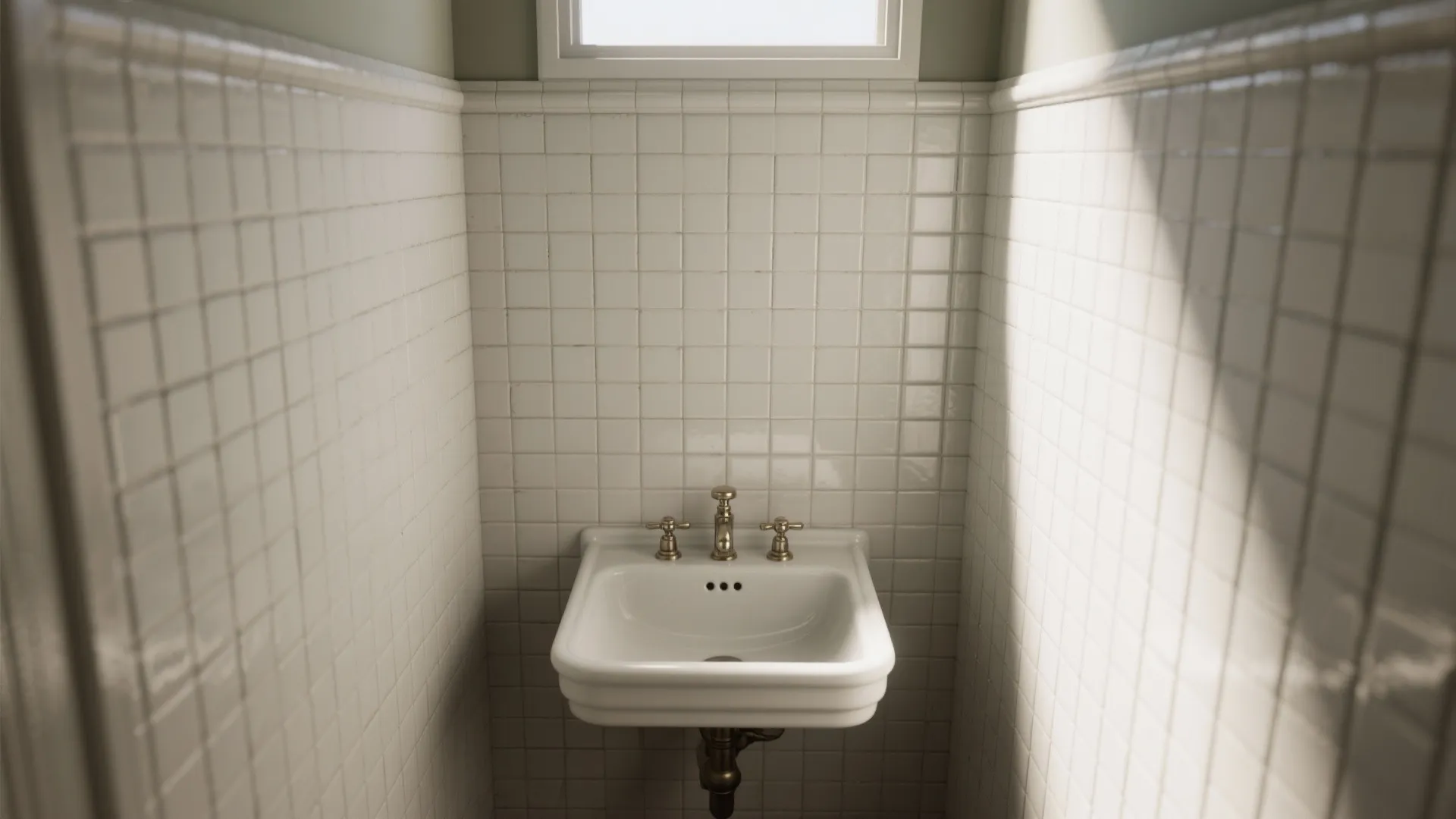 Small white sink with brass faucet mounted on a white tiled wall in a bathroom