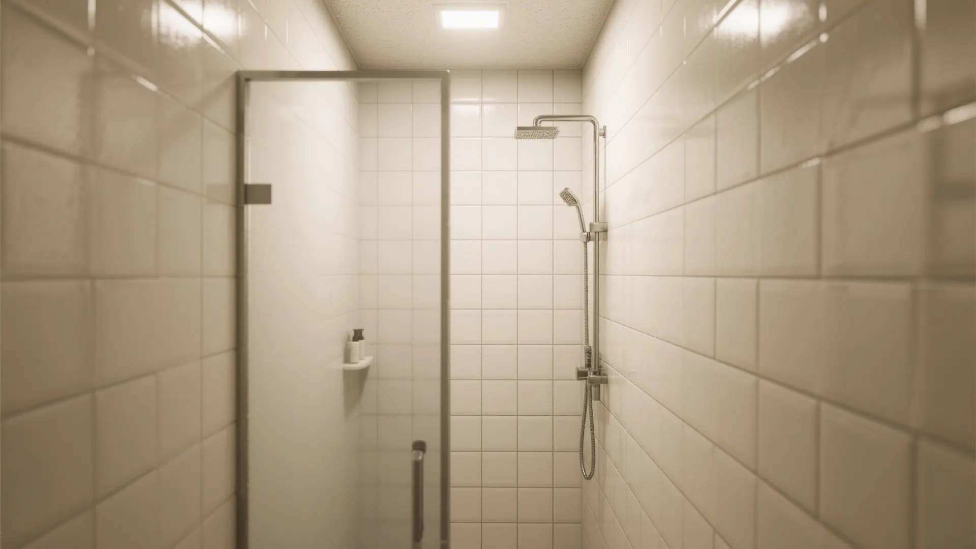 Bright shower area with white square wall tiles and a silver shower head and glass door