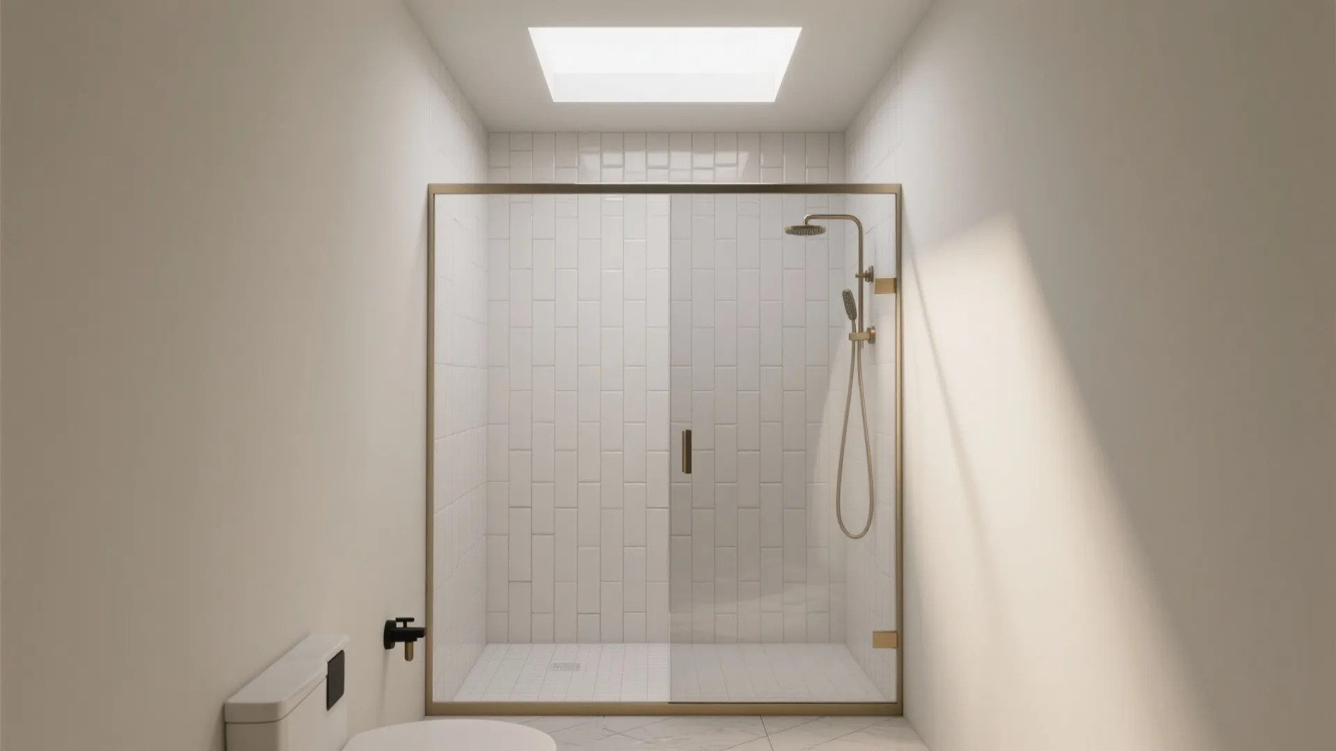 Modern bathroom with glass shower door, vertical white tiles, gold shower head, and roof window