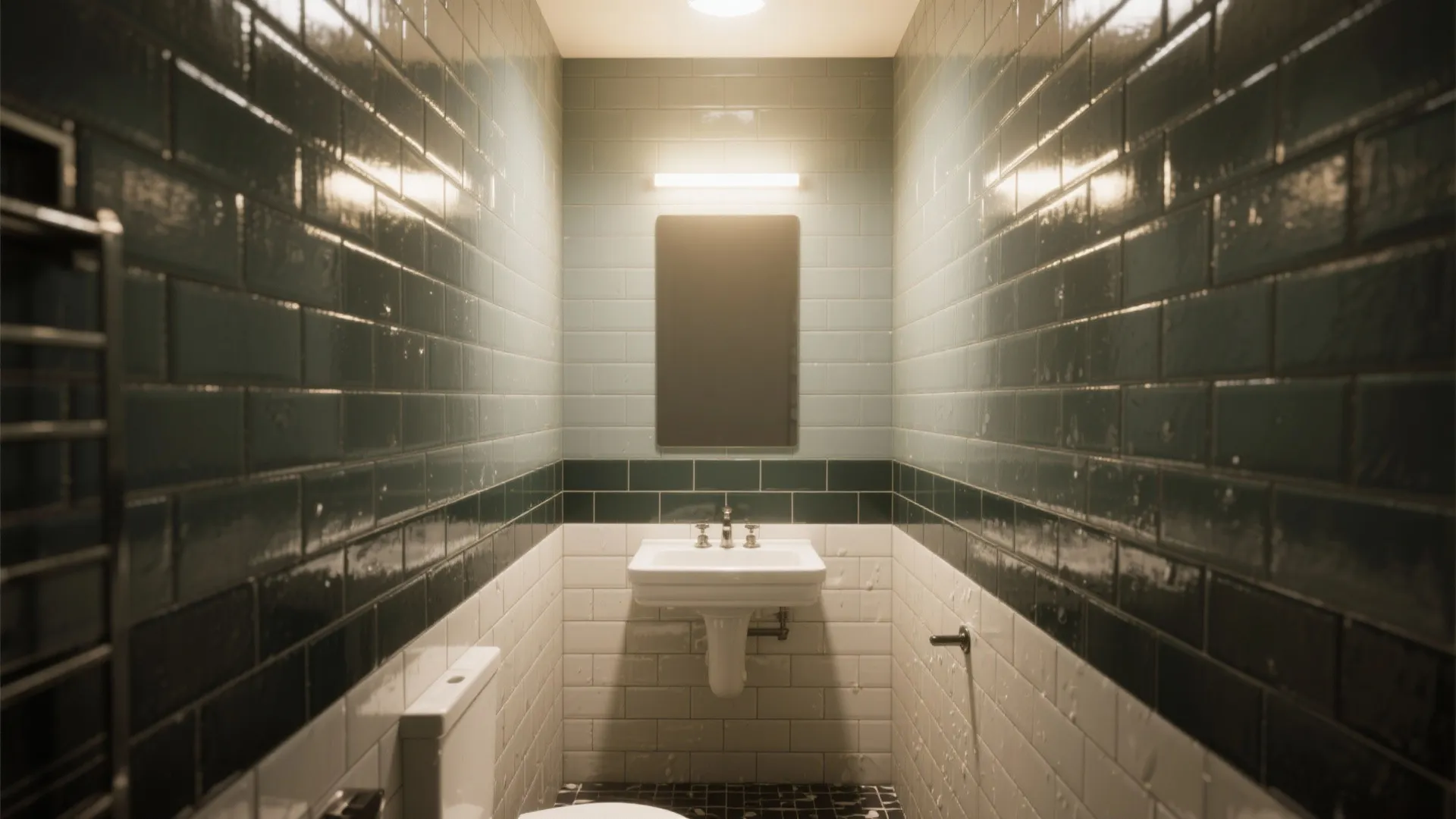 Small bathroom with dark green and white wall tiles featuring a white sink and wall light
