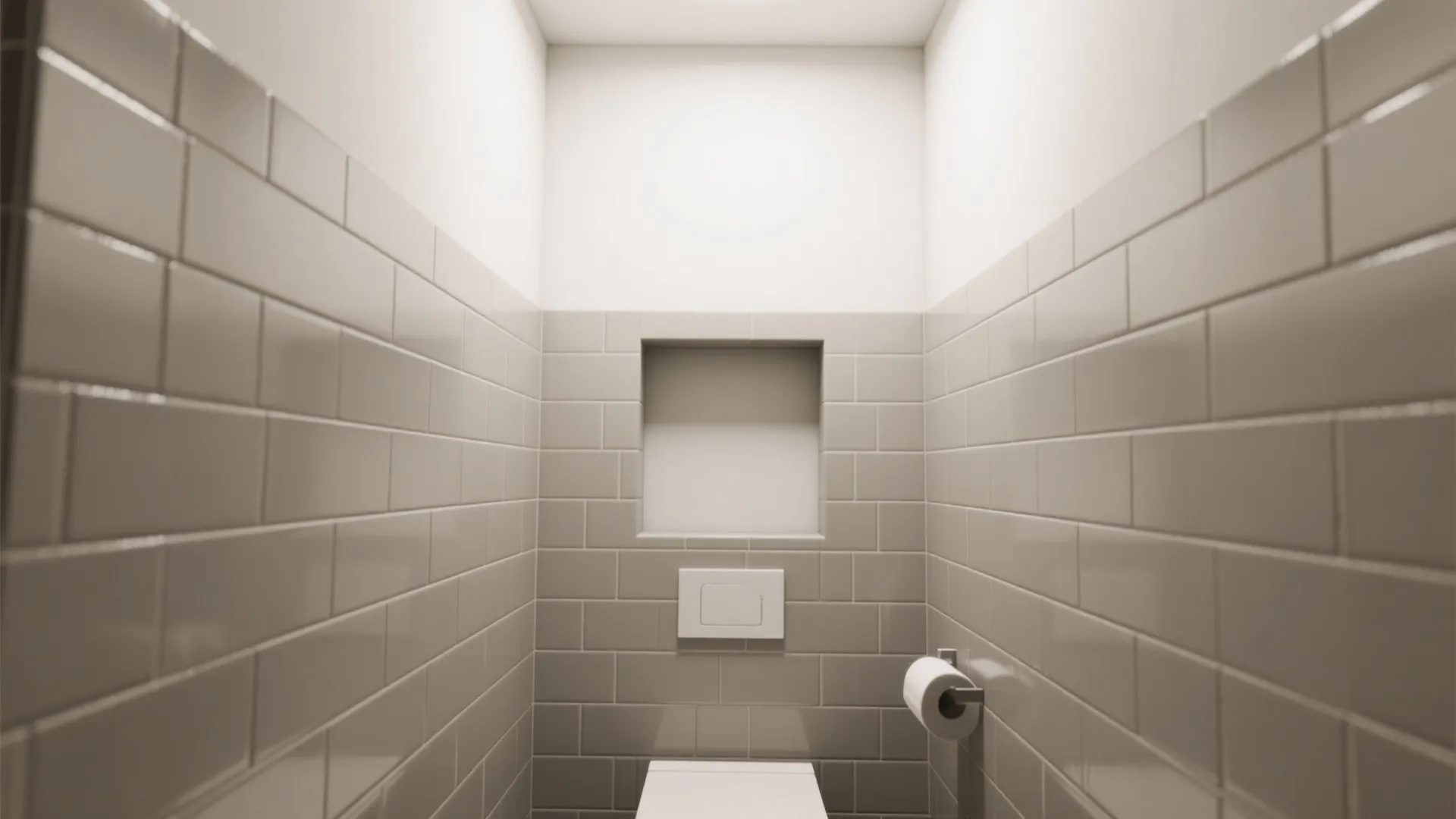 Small modern bathroom with grey wall tiles, white toilet, toilet paper, and a wall shelf