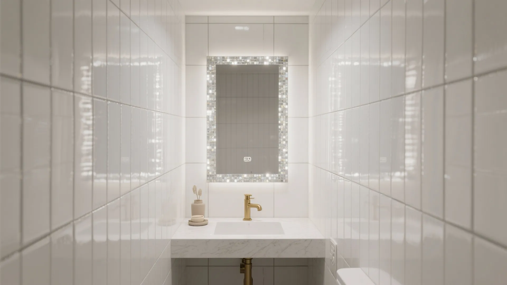 Small white bathroom with vertical subway tiles marble sink gold faucet and a glowing wall mirror