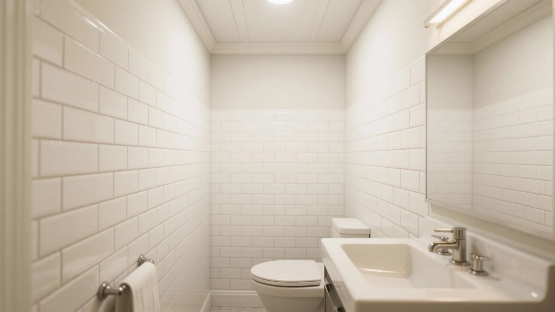 Small bathroom with vertical white subway tiles and warm white grout, wide-angle view emphasizing taller walls.