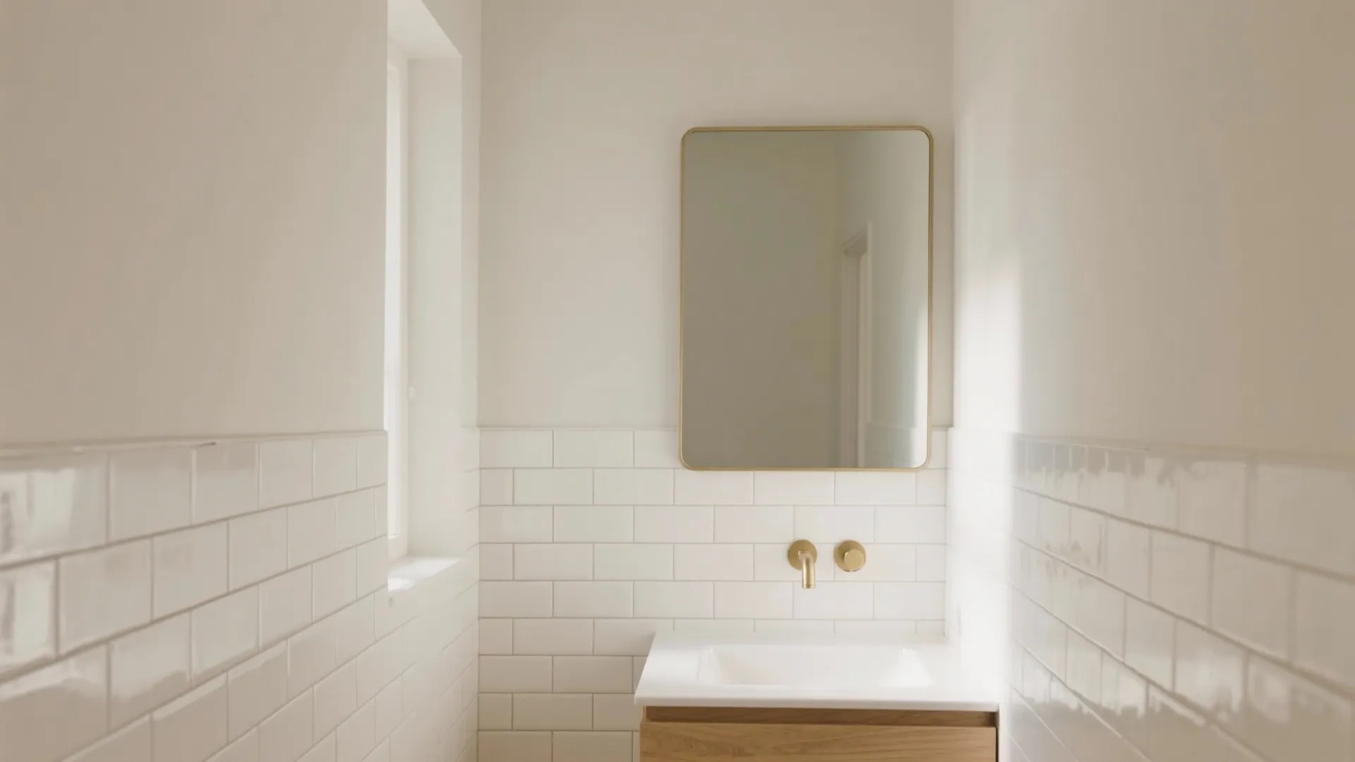 Small minimalist bathroom featuring white brick tiles wall mirror gold tap and simple wooden cabinet