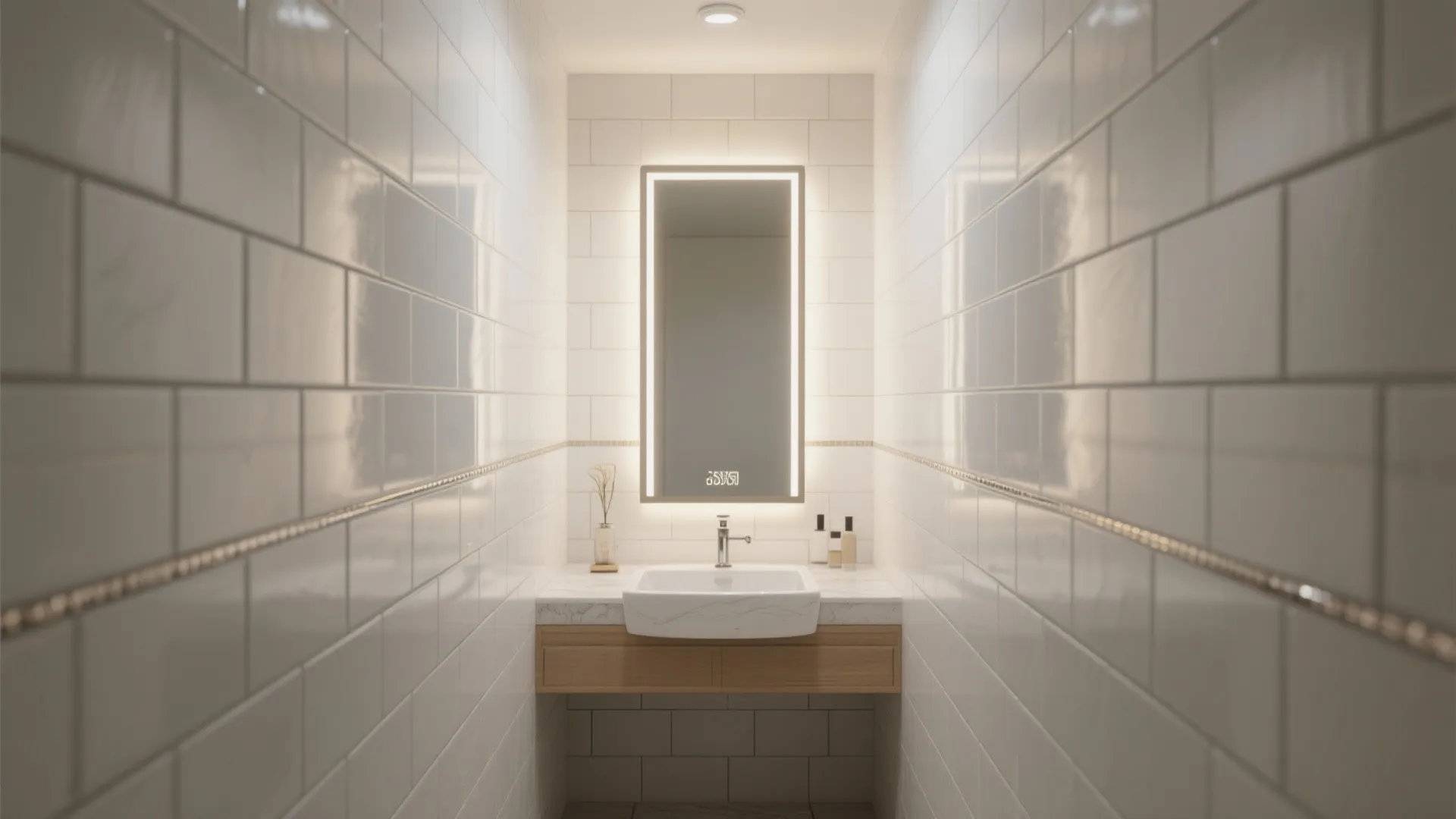 Small bathroom area featuring a white sink wooden cabinet lighted mirror and glossy white wall tiles
