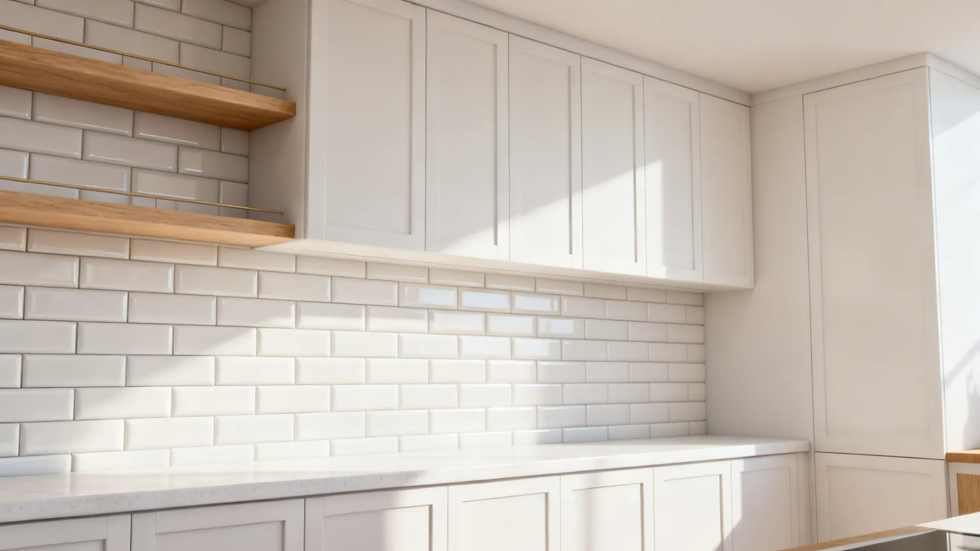Vertical 2x10 matte white subway tile backsplash elongates a compact galley kitchen.