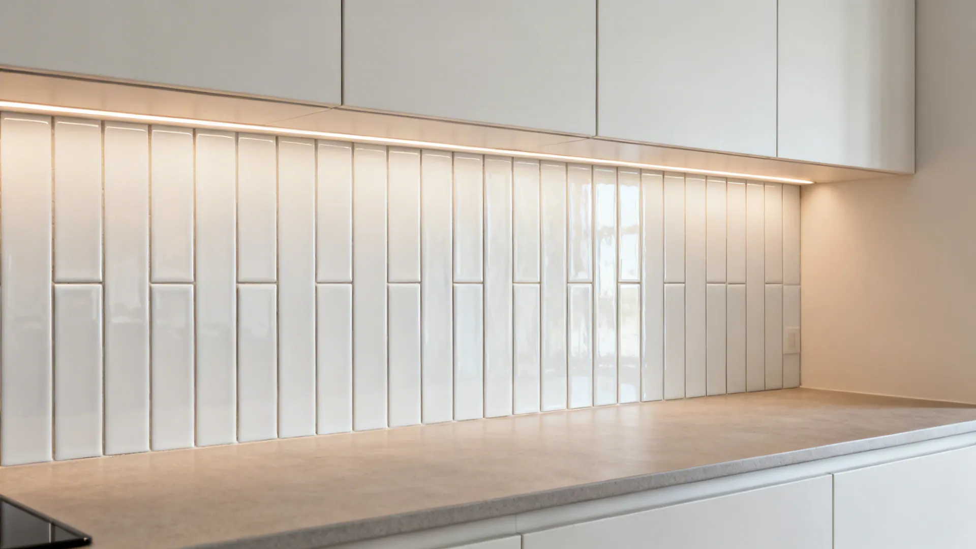 Compact kitchen with vertically stacked satin white subway tile backsplash.