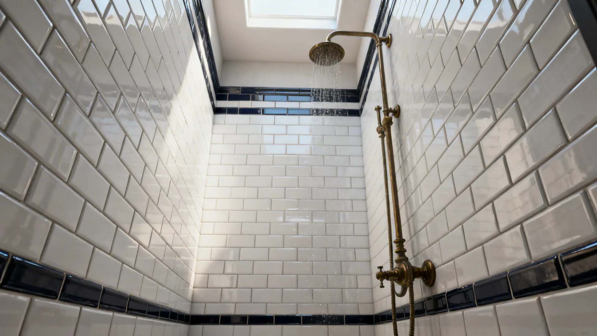 Narrow shower with vertically oriented subway tiles emphasizing height