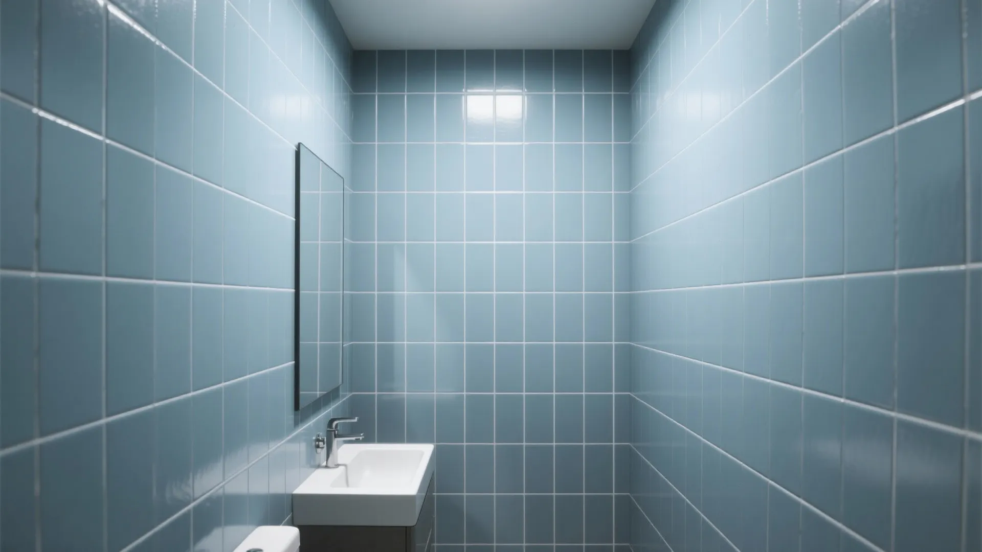Small bathroom with blue square tiles on walls featuring white sink mirror and chrome faucet