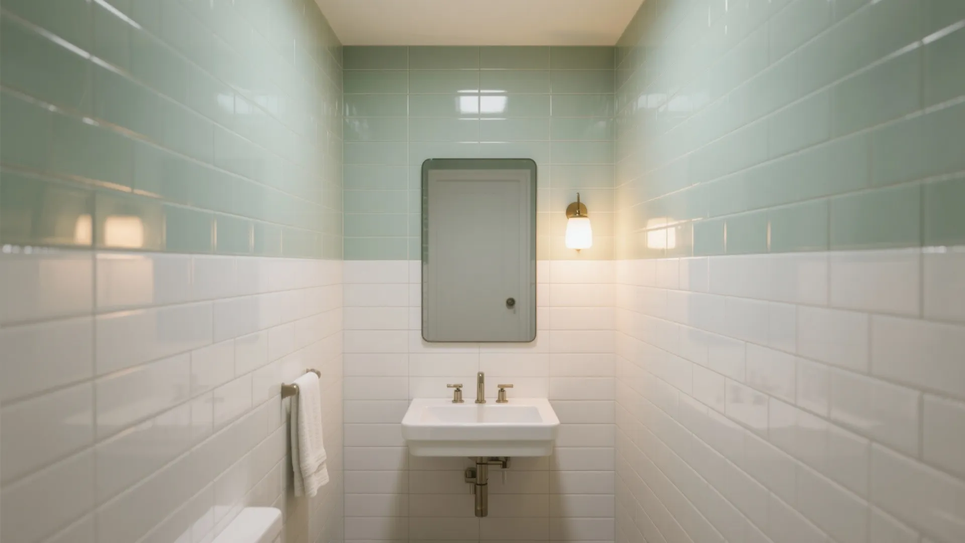 Small bathroom with mint green and white wall tiles mirror wall light and white sink