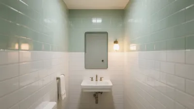 Serene Bathroom with Mint and White Subway Tiles