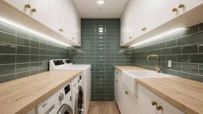 Modern Laundry Room with Green Tile and Wood Countertops