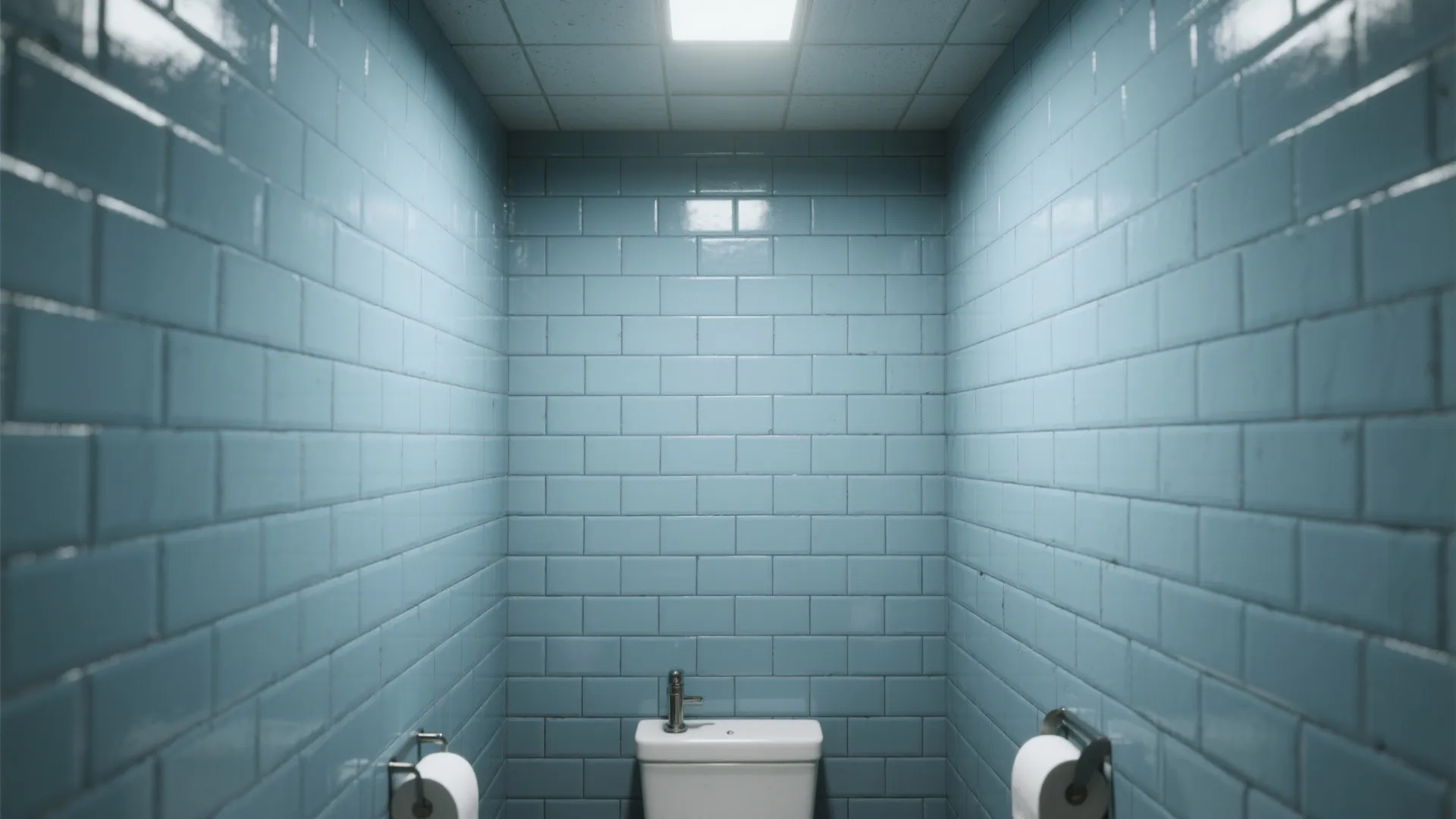 Small bathroom with blue wall tiles toilet paper rolls white toilet seat and square ceiling light