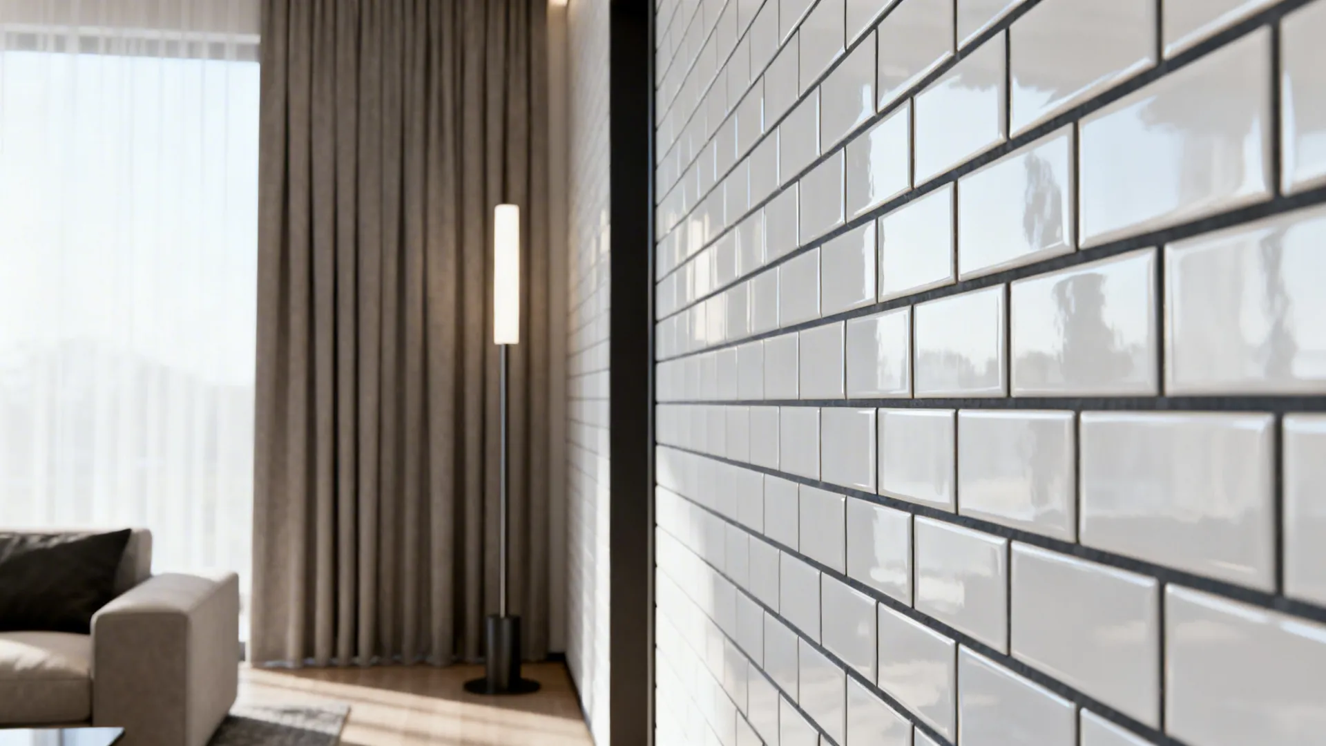 Narrow living room with vertical white subway tiles and dark grout creating a sense of height