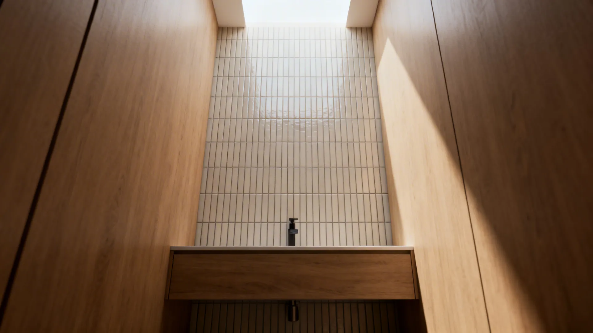 Small bathroom with vertical subway tiles and mid-tone grout that adds visual height