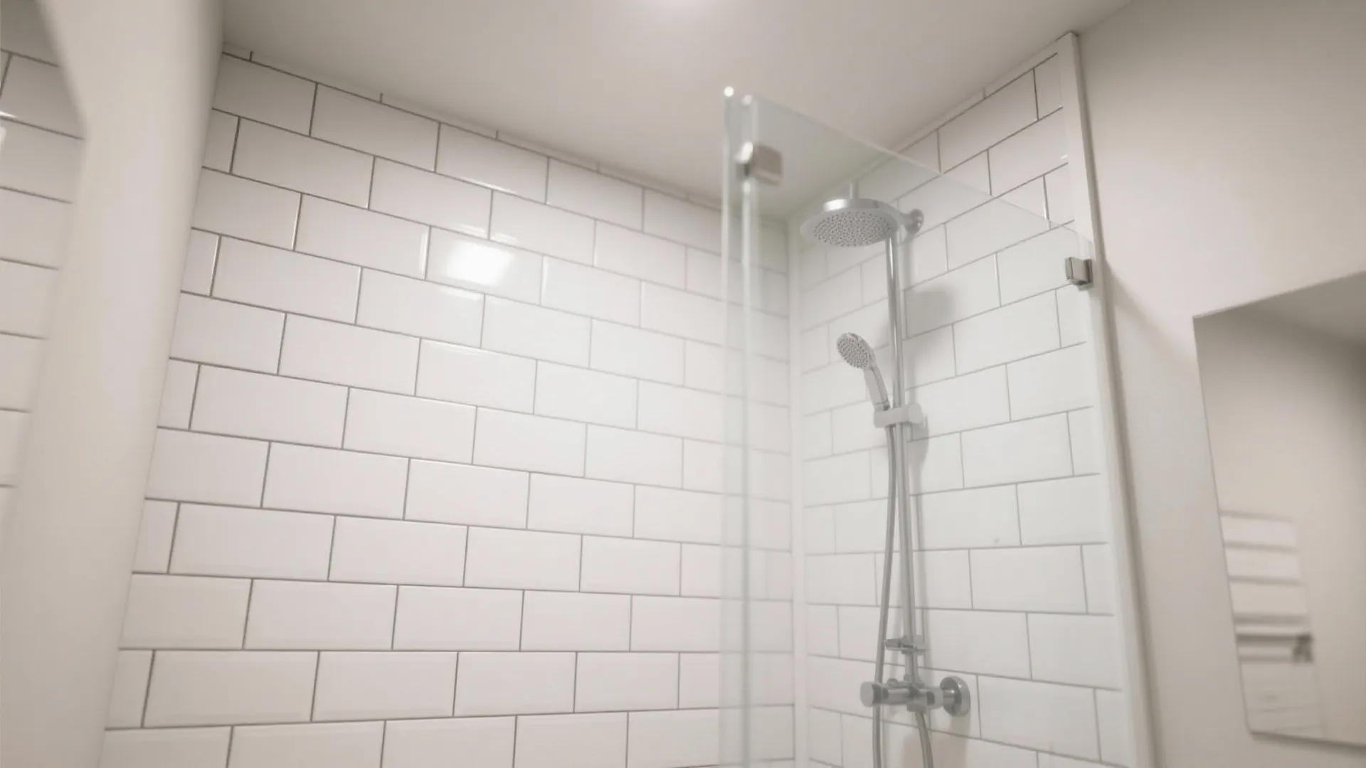 Shower with vertically stacked high-gloss white subway tiles and tight grout lines reflecting light.