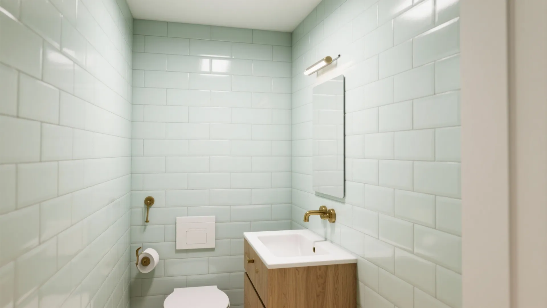 Small bathroom with vertical 2x8 subway tiles and thin grout lines to enhance height.