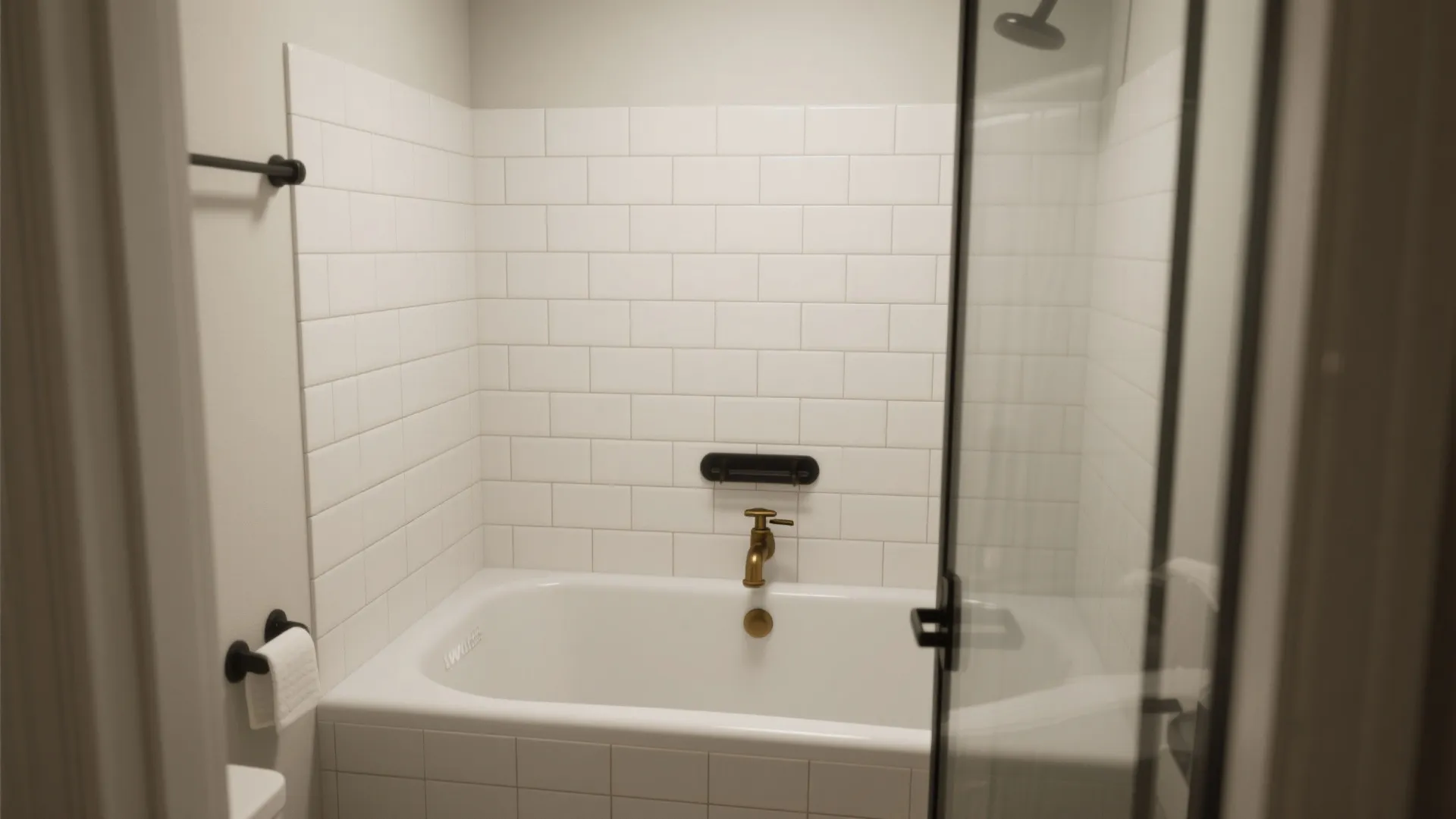 Modern bathroom with white wall tiles brass faucet bathtub black hardware and a glass door